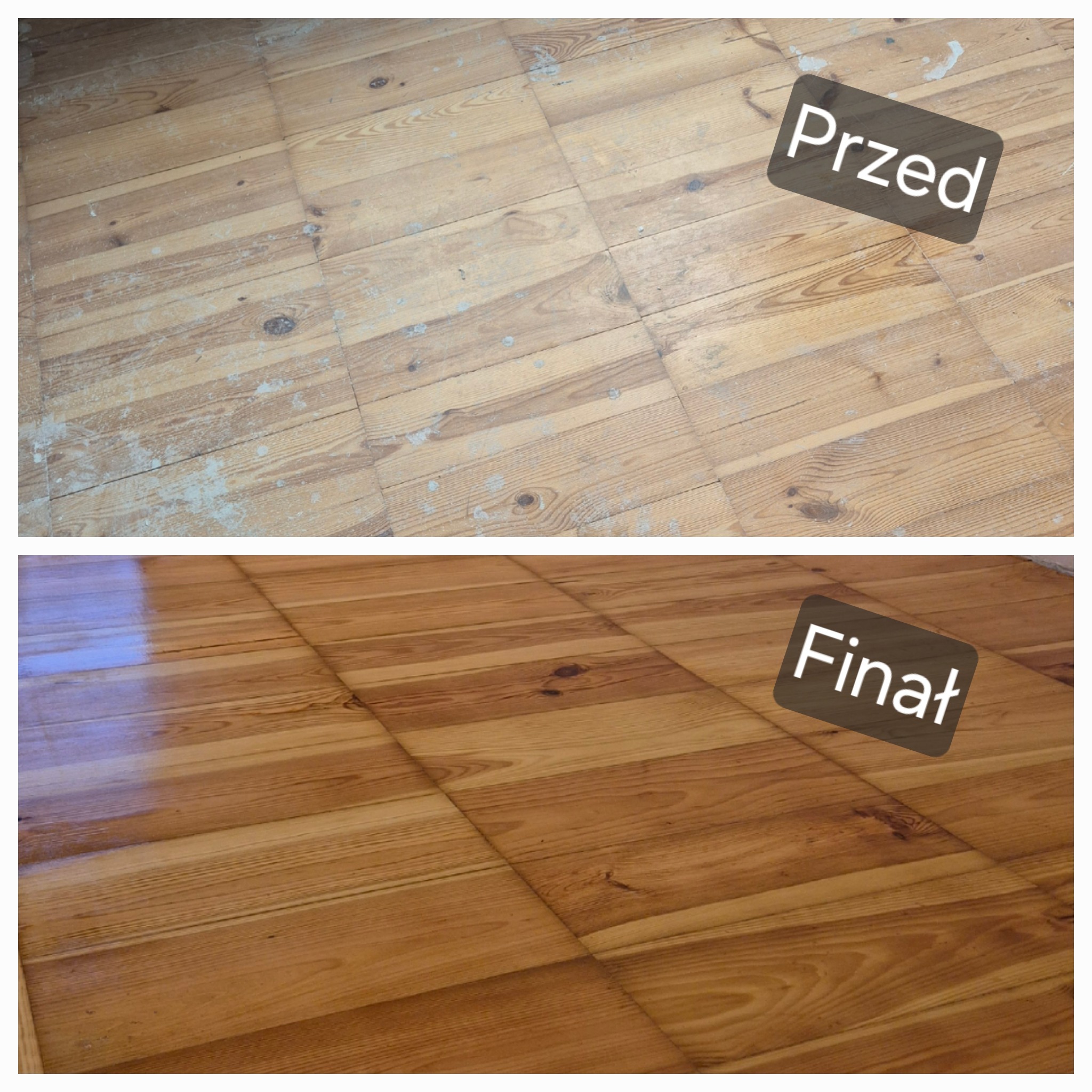 Parkiet drewniany przed i po renowacji: górna część pokazuje starą, zużytą podłogę, a dolna odnowioną, błyszczącą, z wyraźnym rysunkiem drewna.