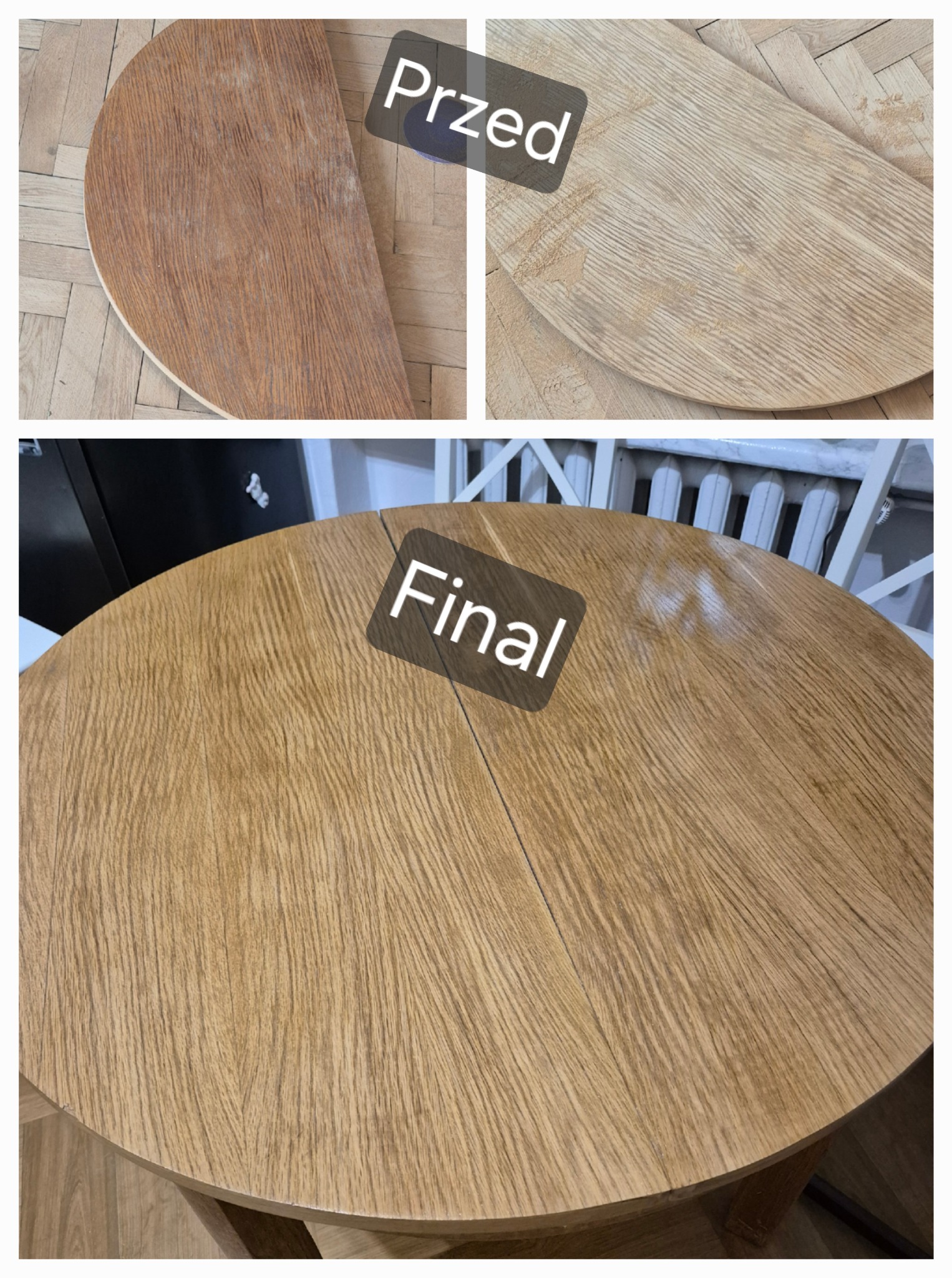 Okrągły stół z drewna: stan przed i po renowacji. Po lewej: surowe drewno, po prawej: wykończony blat z wyraźnym rysunkiem słojów i połyskiem.
