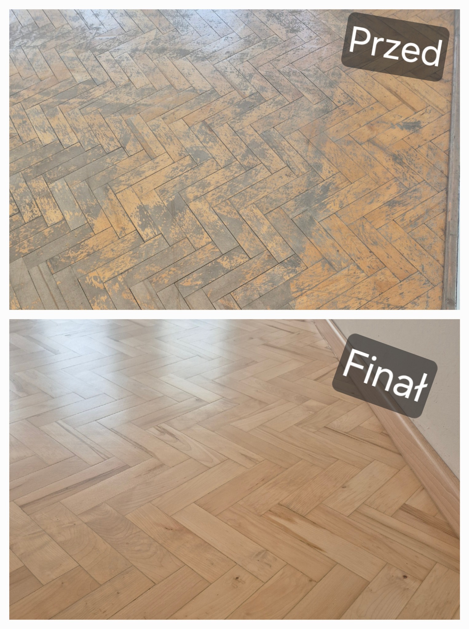 Parkiet ułożony w jodełkę: widok przed renowacją (góra) z widocznymi uszkodzeniami i po odnowieniu (dół), ukazujący gładką powierzchnię drewna.