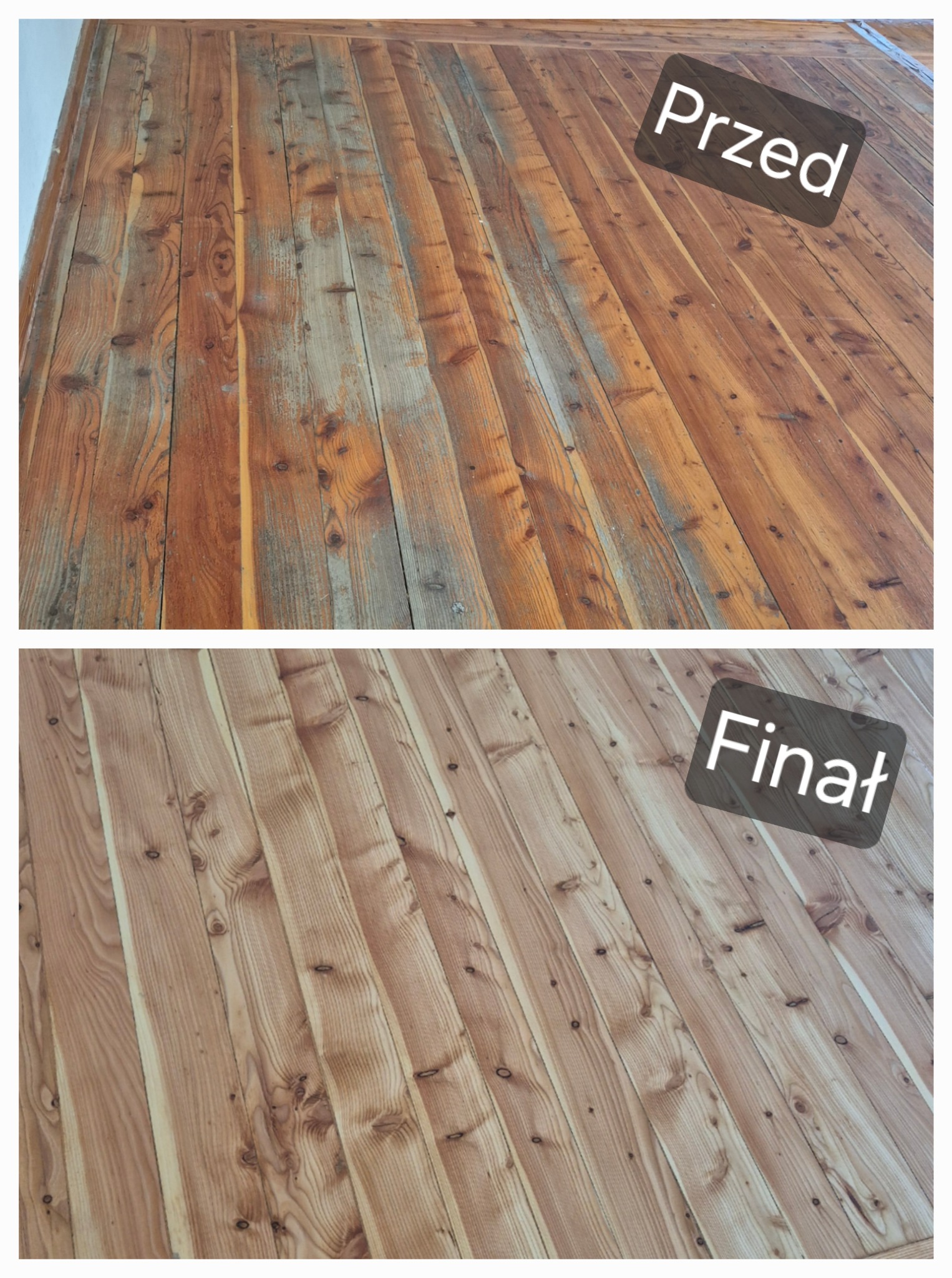 Zdjęcie 'przed i po' prezentujące odnowioną podłogę z desek. Górna część ukazuje starą, zniszczoną powierzchnię, dolna - świeżo wycyklinowaną, jasną podłogę.