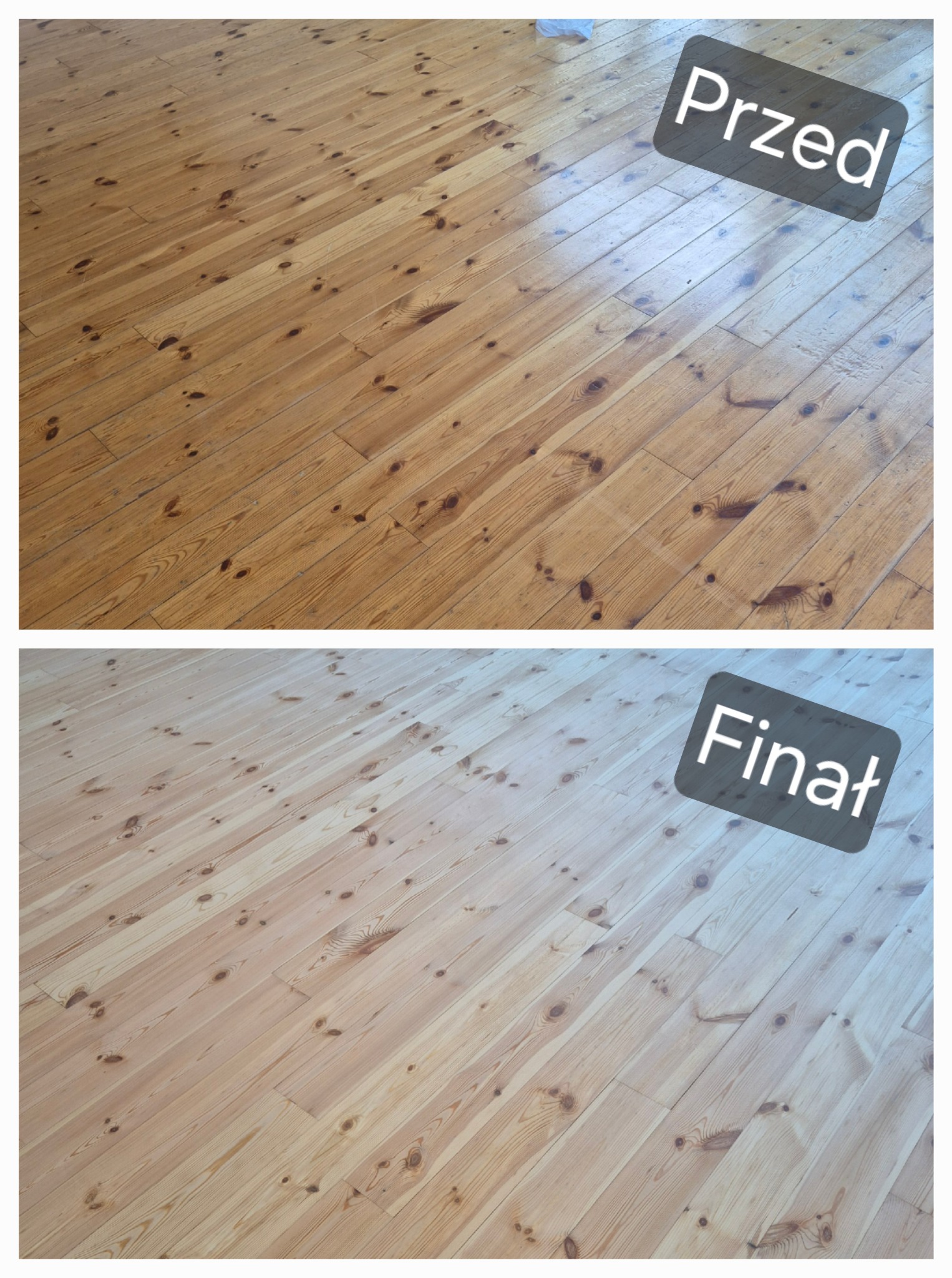 Zdjęcie 'przed i po' prezentuje odnowioną, jasną podłogę z desek. Widoczne różnice w kolorze i fakturze drewna. Ujęcie pod kątem, ukazujące całą powierzchnię podłogi.