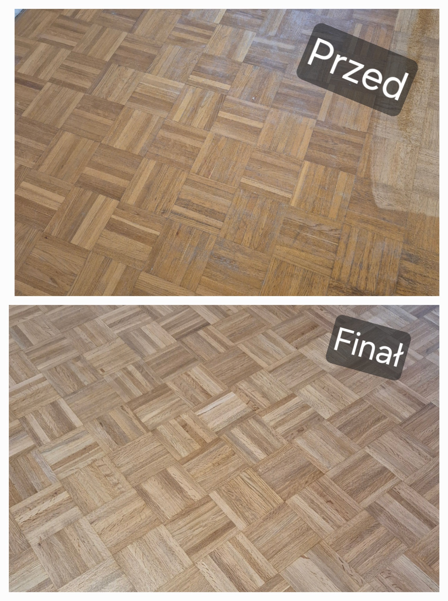 Parkiet w kwadraty: porównanie stanu przed i po renowacji. Górna część pokazuje parkiet przed, a dolna po, z widoczną różnicą w połysku i czystości drewna.