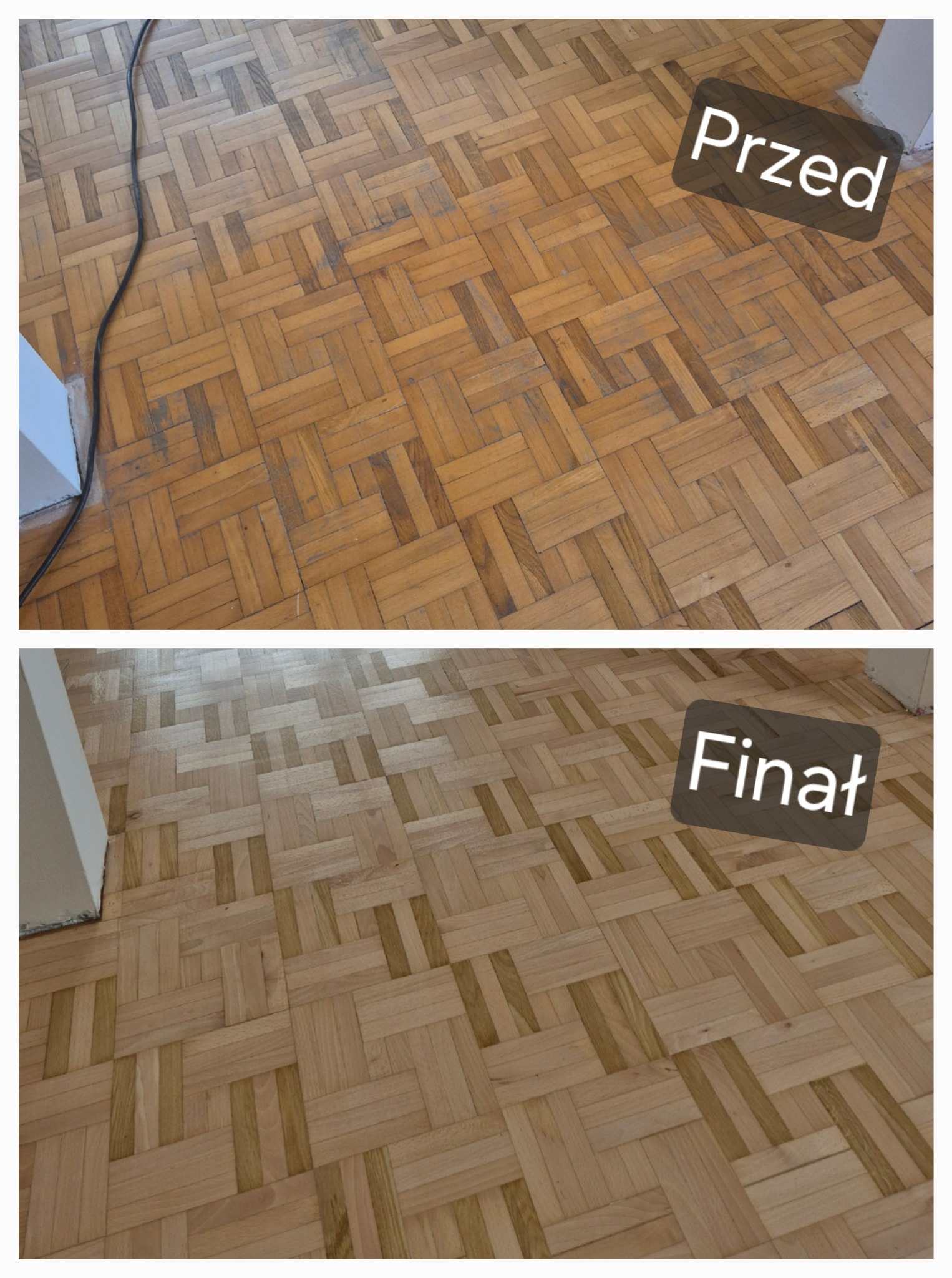 Parkiet w jodełkę: porównanie stanu przed i po renowacji. Górna część pokazuje starą, zniszczoną podłogę, dolna – odnowioną, jasną i błyszczącą.