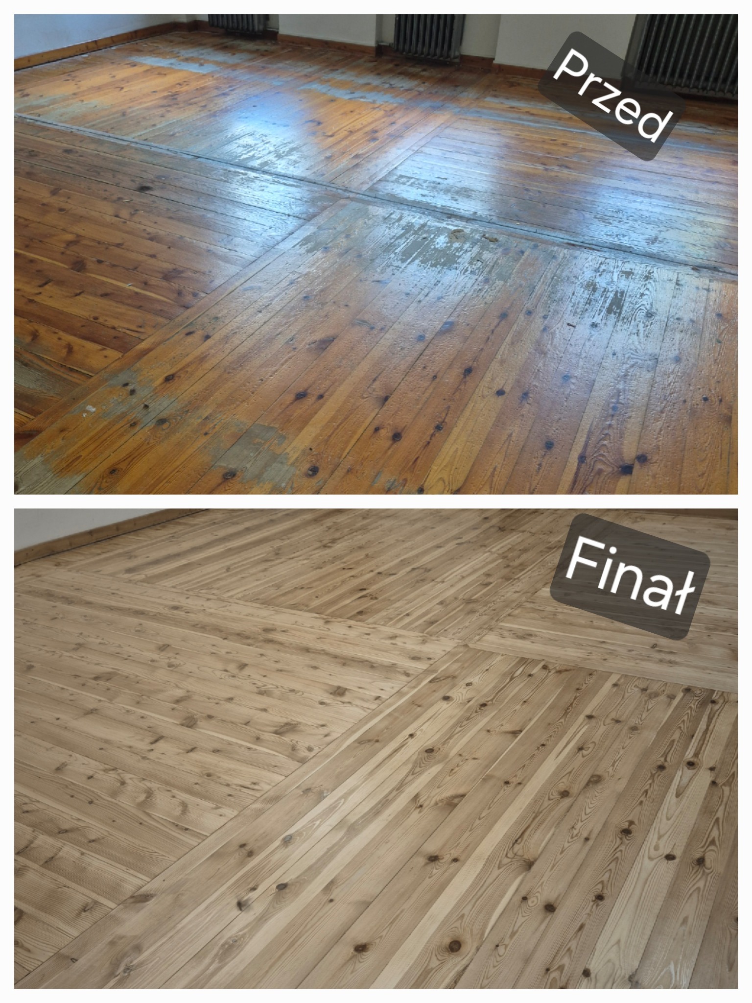 Zdjęcie 'przed i po' prezentujące odnowioną podłogę z desek. Górna część ukazuje starą, zniszczoną podłogę, dolna – świeżo wykończoną, jasną podłogę ułożoną w jodełkę.