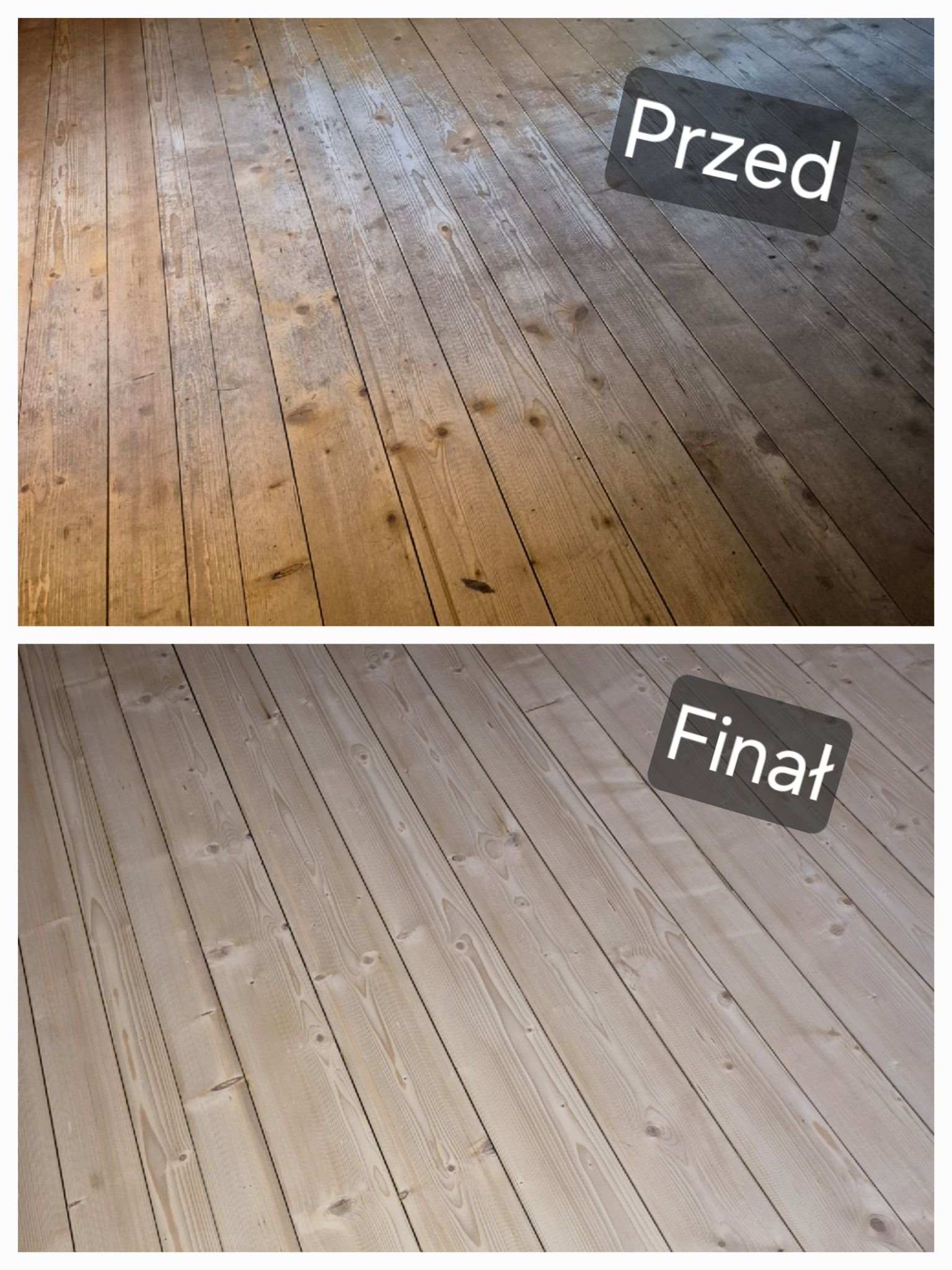 Zdjęcie 'przed i po' prezentujące odnowioną drewnianą podłogę. Górna część ukazuje starą, zniszczoną powierzchnię, dolna - jasną, odświeżoną podłogę po renowacji.