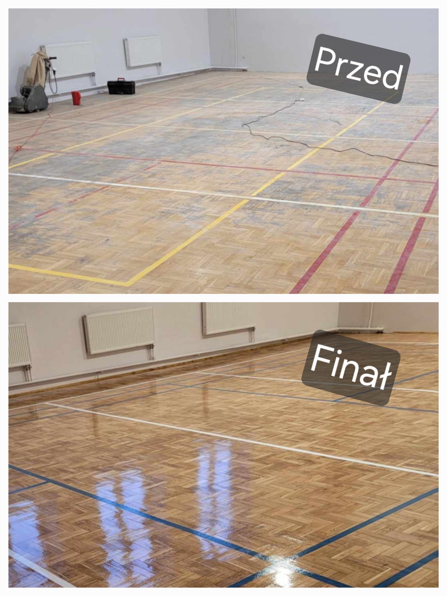 Parkiet w hali sportowej przed i po renowacji. Widoczne linie boiska w różnych kolorach. Na górnym zdjęciu parkiet jest zniszczony, na dolnym odnowiony i błyszczący.