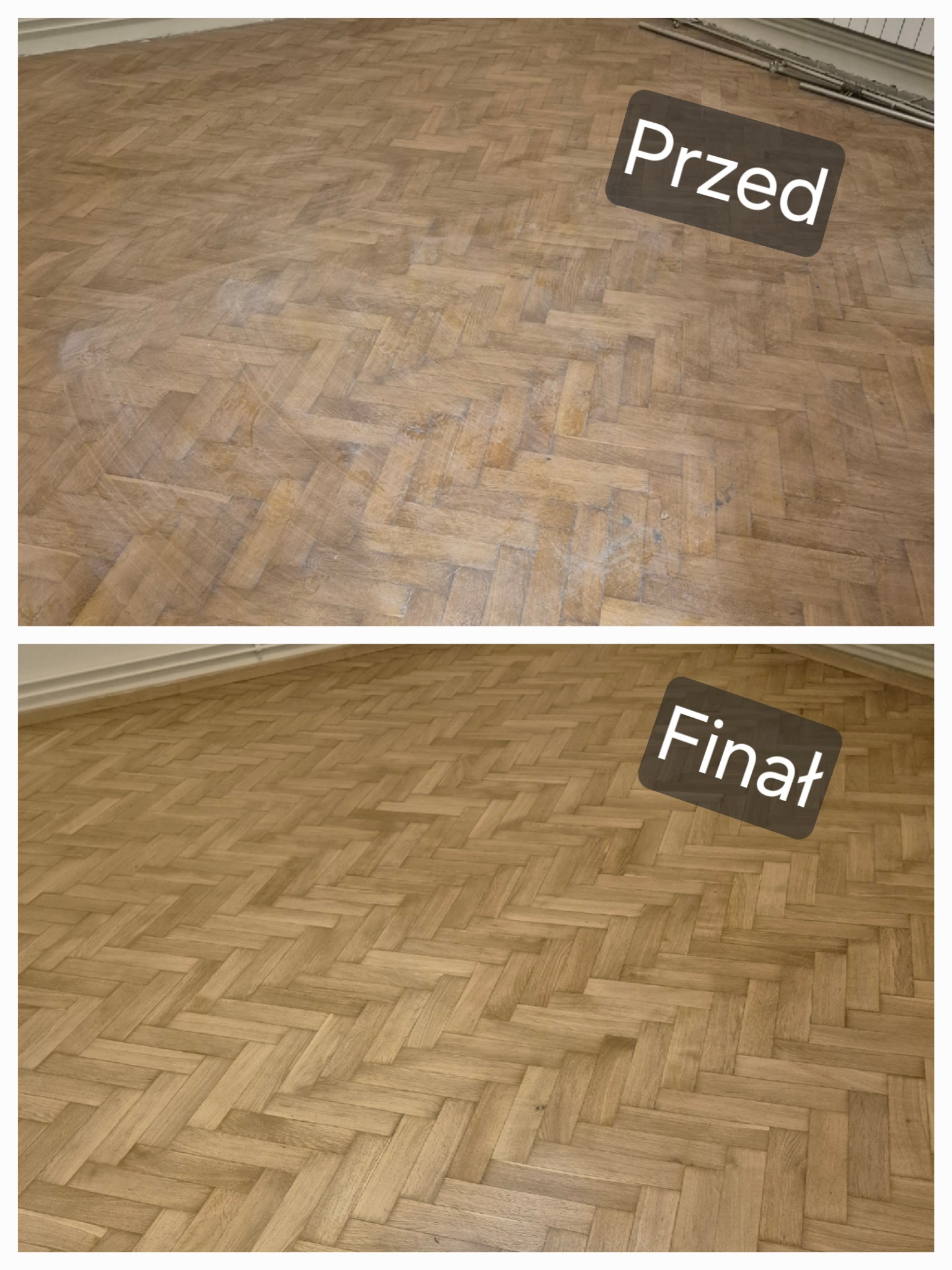 Parkiet ułożony w jodełkę: górny kadr prezentuje stan przed renowacją z widocznymi śladami użytkowania, dolny kadr ukazuje odnowioną, gładką powierzchnię po zabiegach.
