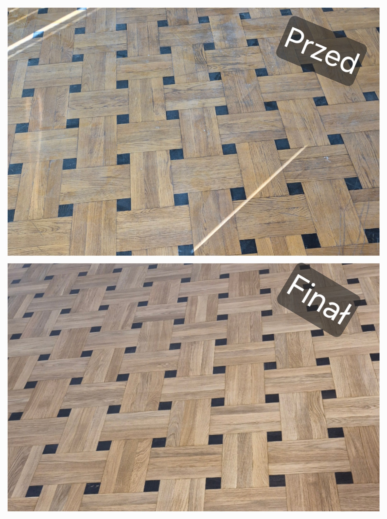 Parkiet w jodełkę przed i po renowacji. Górna część zdjęcia pokazuje parkiet zarysowany, a dolna odnowiony, z wyraźnym rysunkiem drewna i czarnymi wstawkami.