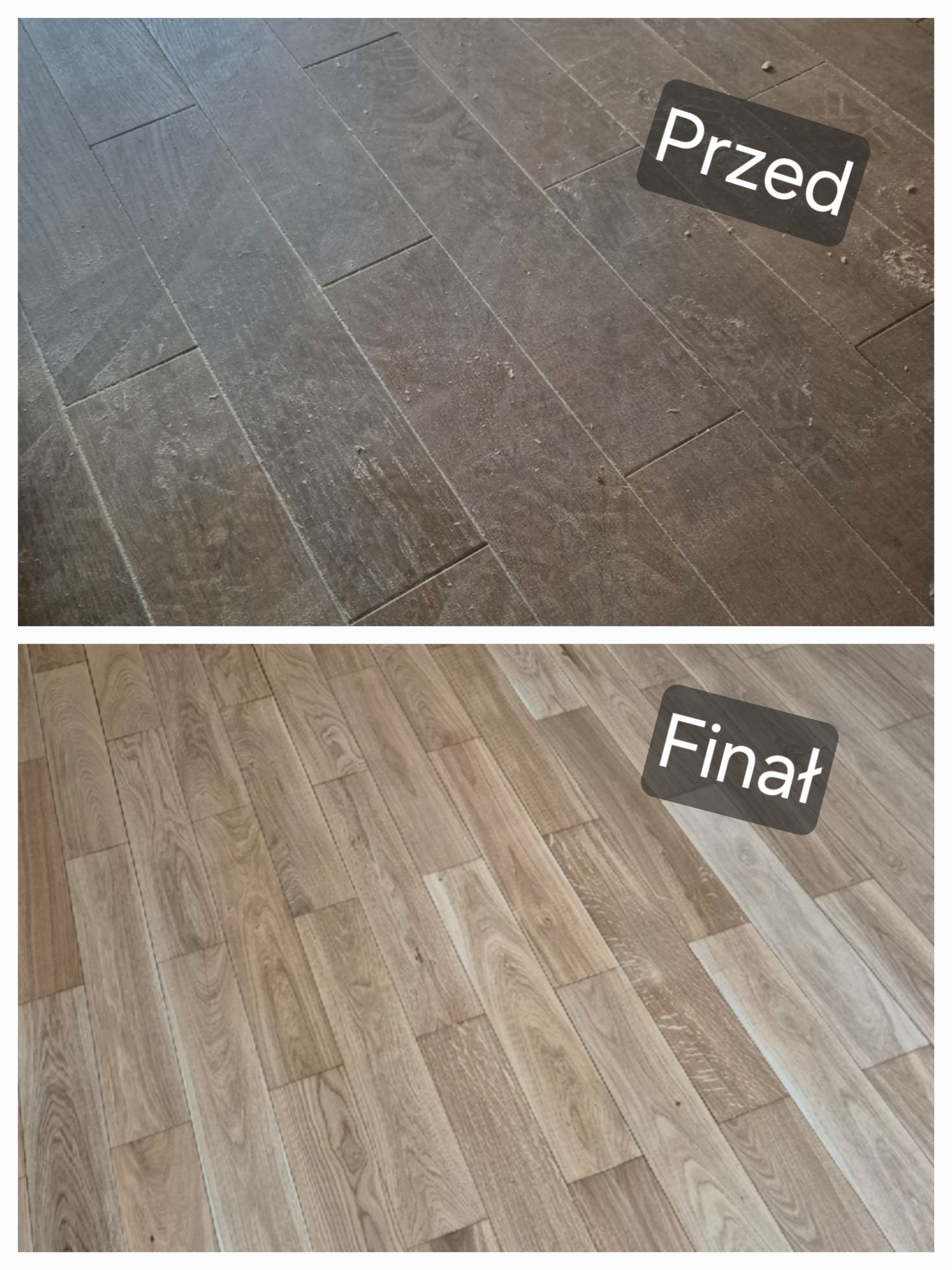 Parkiet w układzie jodełki: górna część 'Przed' - szary, zakurzony; dolna 'Finał' - jasny, odnowiony. Kontrastowe ujęcie prezentuje efekt cyklinowania.