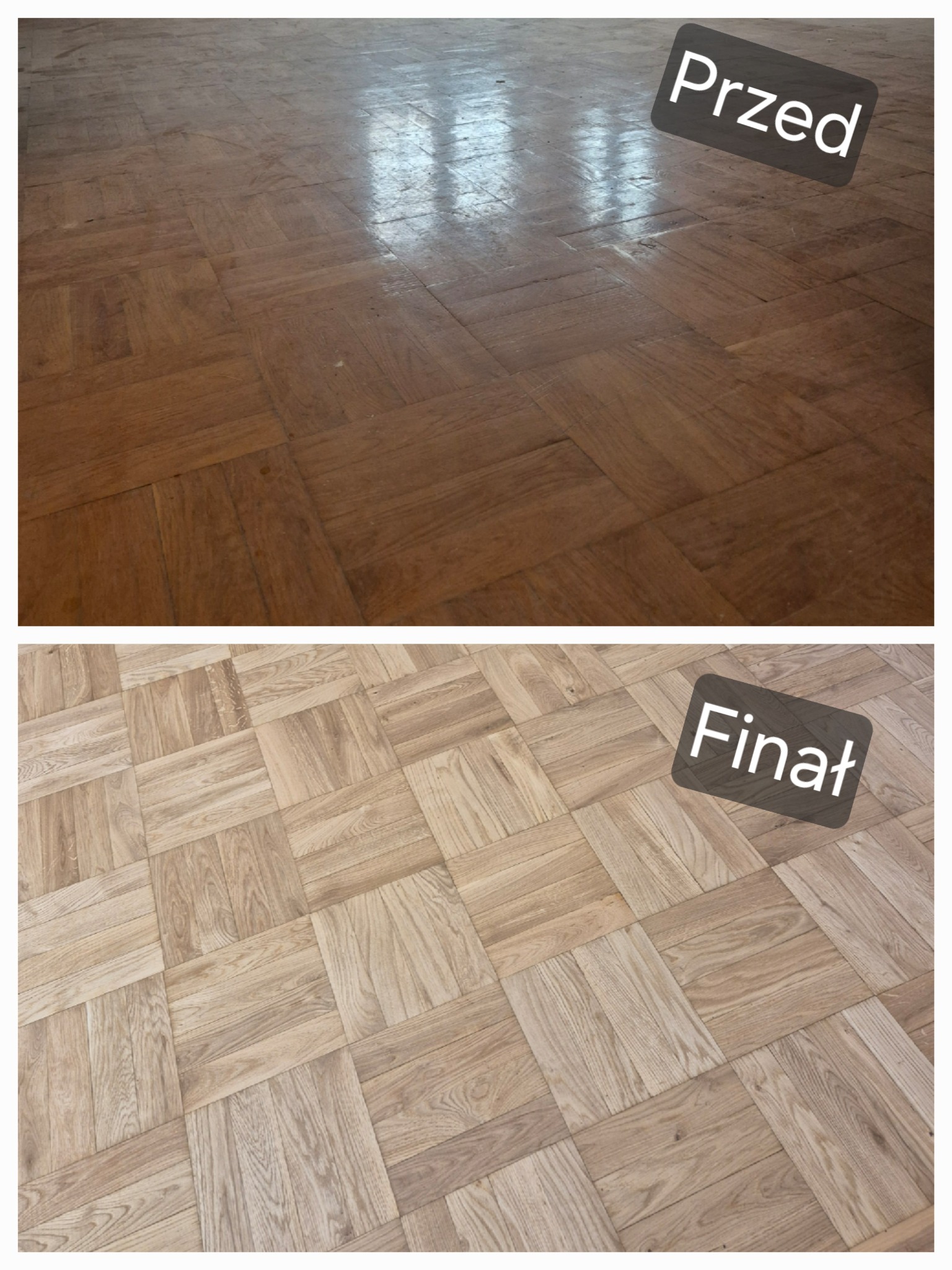 Parkiet w kwadraty: górna część 'przed' - ciemny, dolna 'finał' - jasny, po cyklinowaniu. Układanie parkietu w jodełkę francuską, odnowiony parkiet.