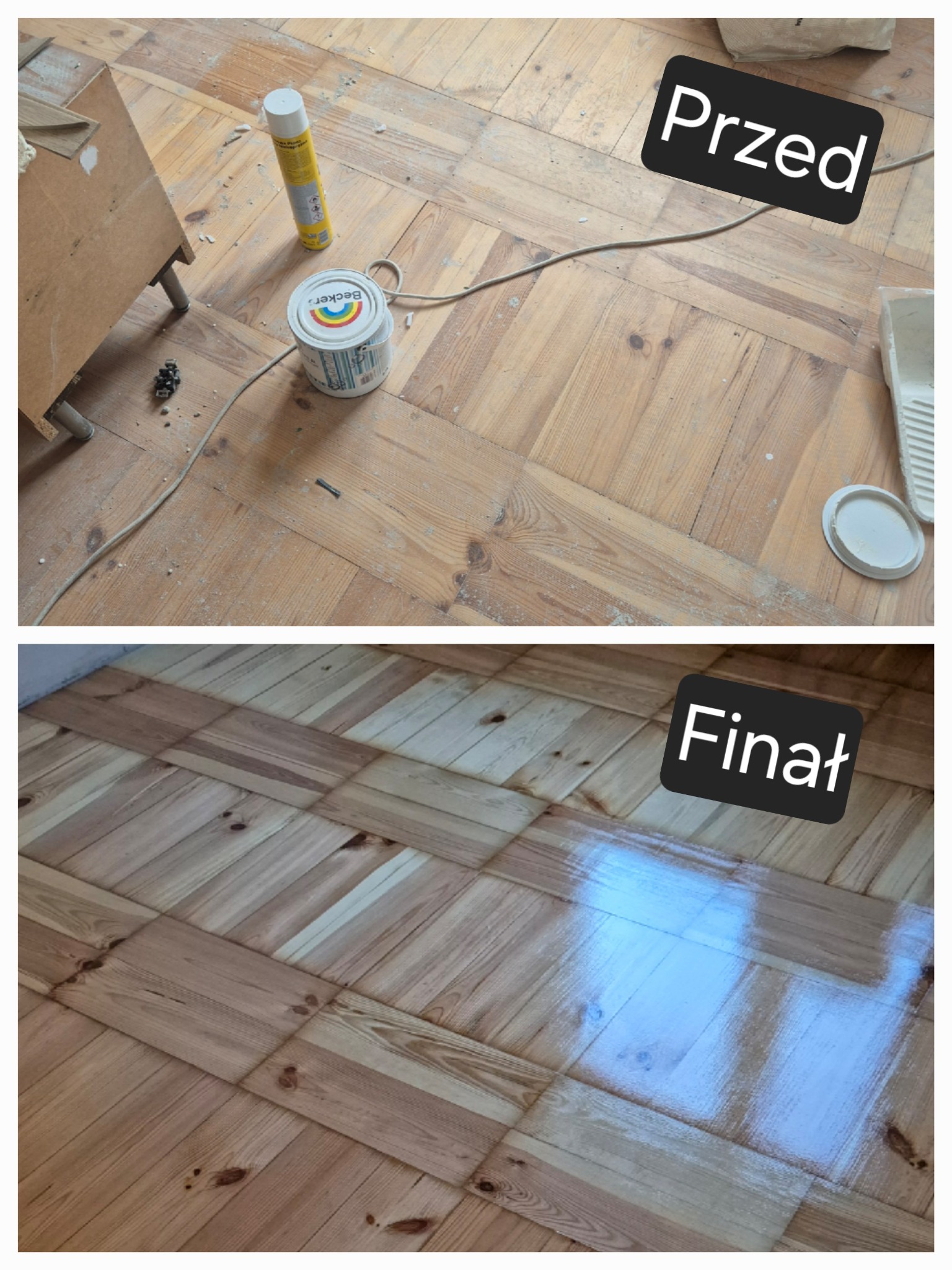 Parkiet sosnowy ułożony w jodełkę, w dwóch odsłonach: zniszczony przed cyklinowaniem i odnowiony, błyszczący po lakierowaniu. Widoczne akcesoria malarskie.