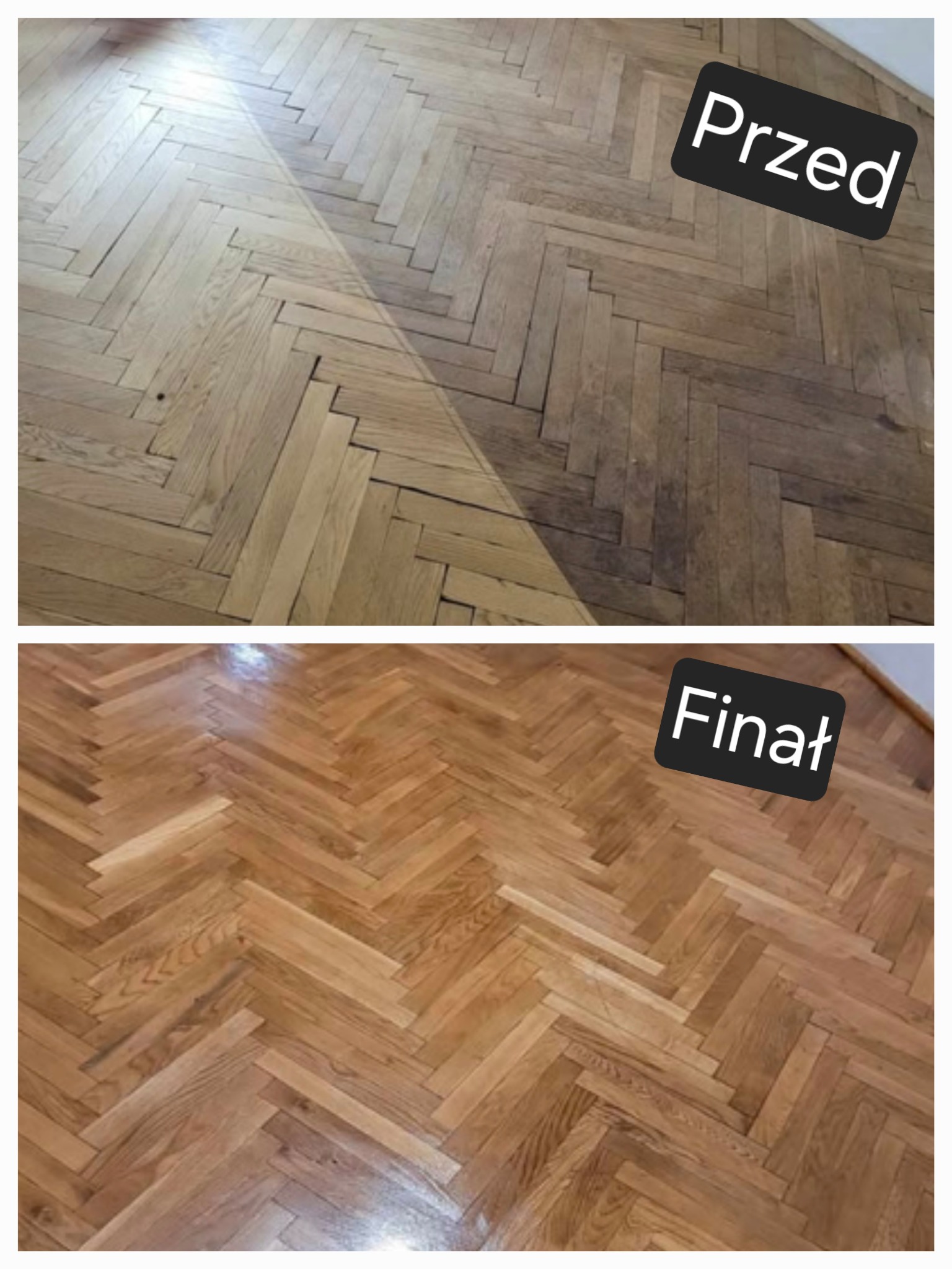 Parkiet ułożony w jodełkę: górna część 'Przed' - matowa, dolna 'Finał' - błyszcząca, po renowacji. Widok z góry na drewnianą podłogę po zabiegach pielęgnacyjnych.