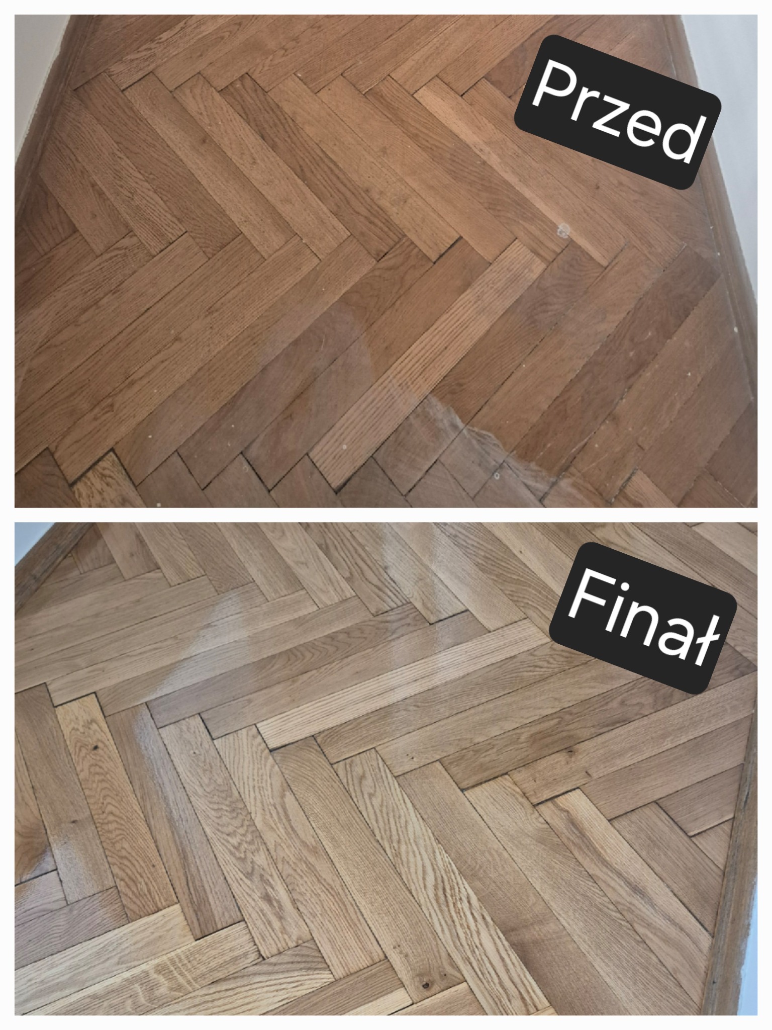 Parkiet ułożony w jodełkę: górna część zdjęcia pokazuje stan przed renowacją, dolna - efekt końcowy z wyraźnym rozjaśnieniem drewna i odświeżonym wyglądem.