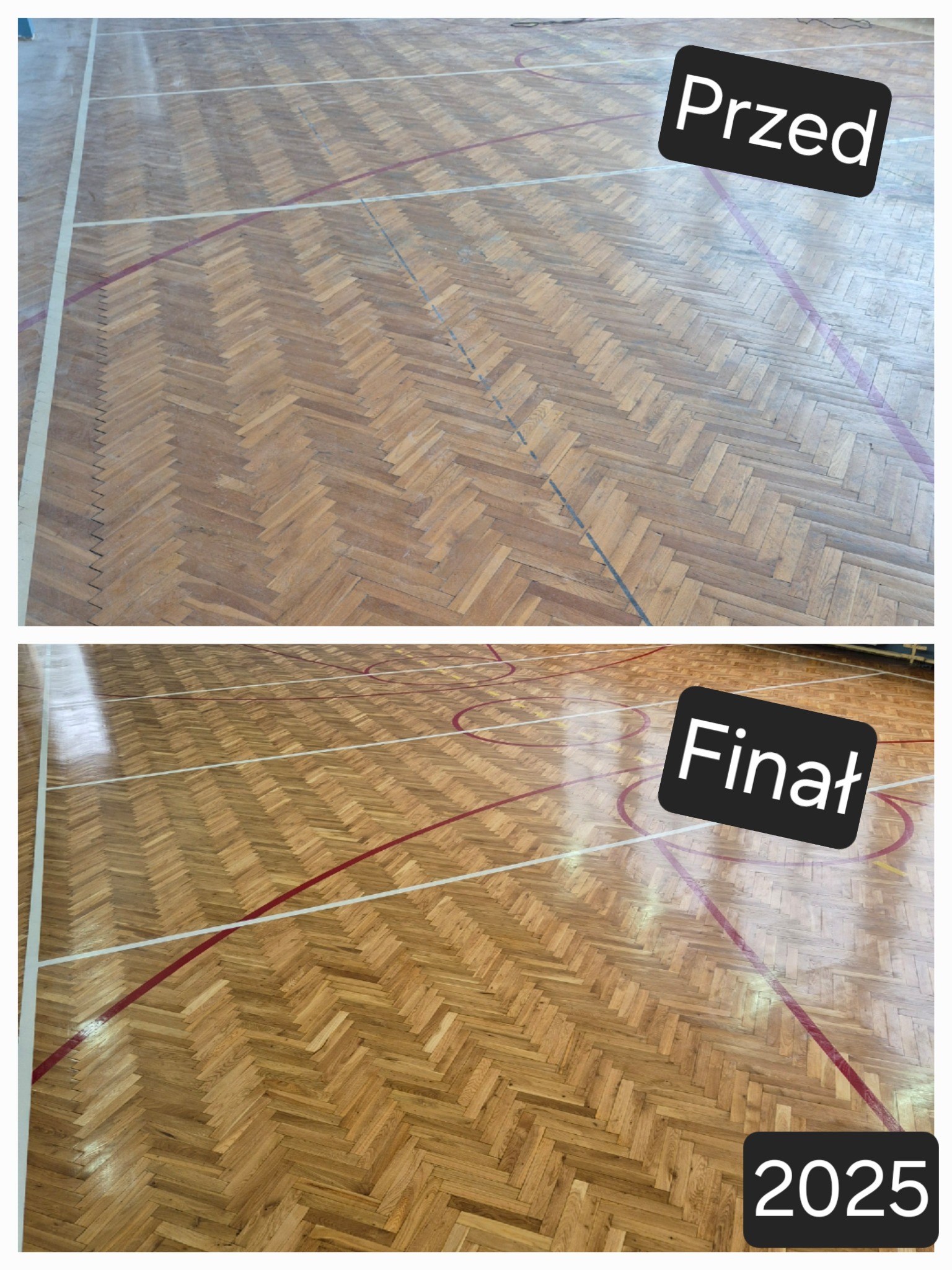 Parkiet w jodełkę na sali gimnastycznej: stan przed i po renowacji. Widoczne linie boiska. Ujęcie z góry, prezentujące różnicę w wyglądzie drewna.