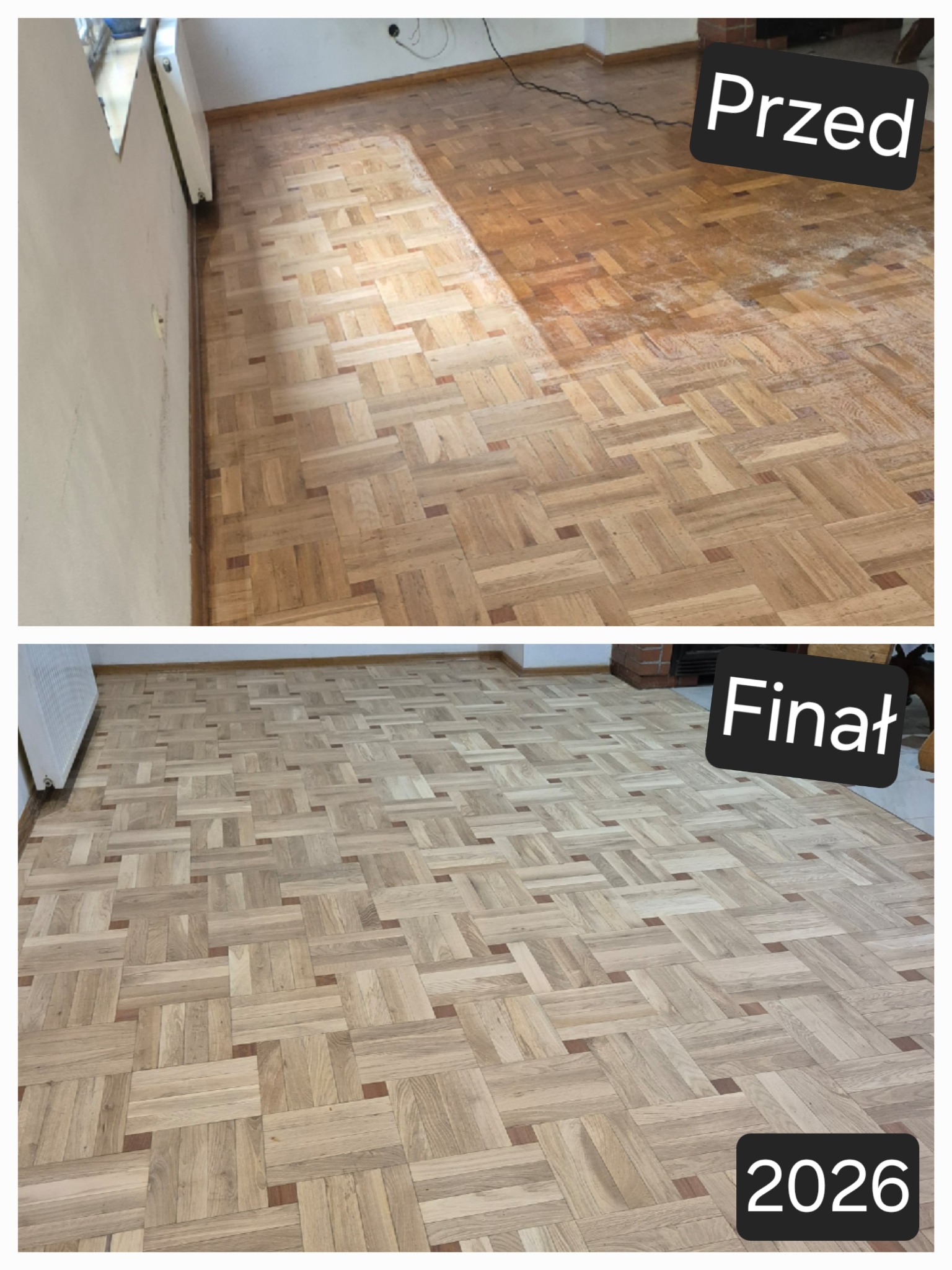 Parkiet w jodełkę: górny kadr 'Przed' - zniszczony, dolny 'Finał' - odnowiony, jasny, z datą 2026. Widok z góry, naturalne światło.
