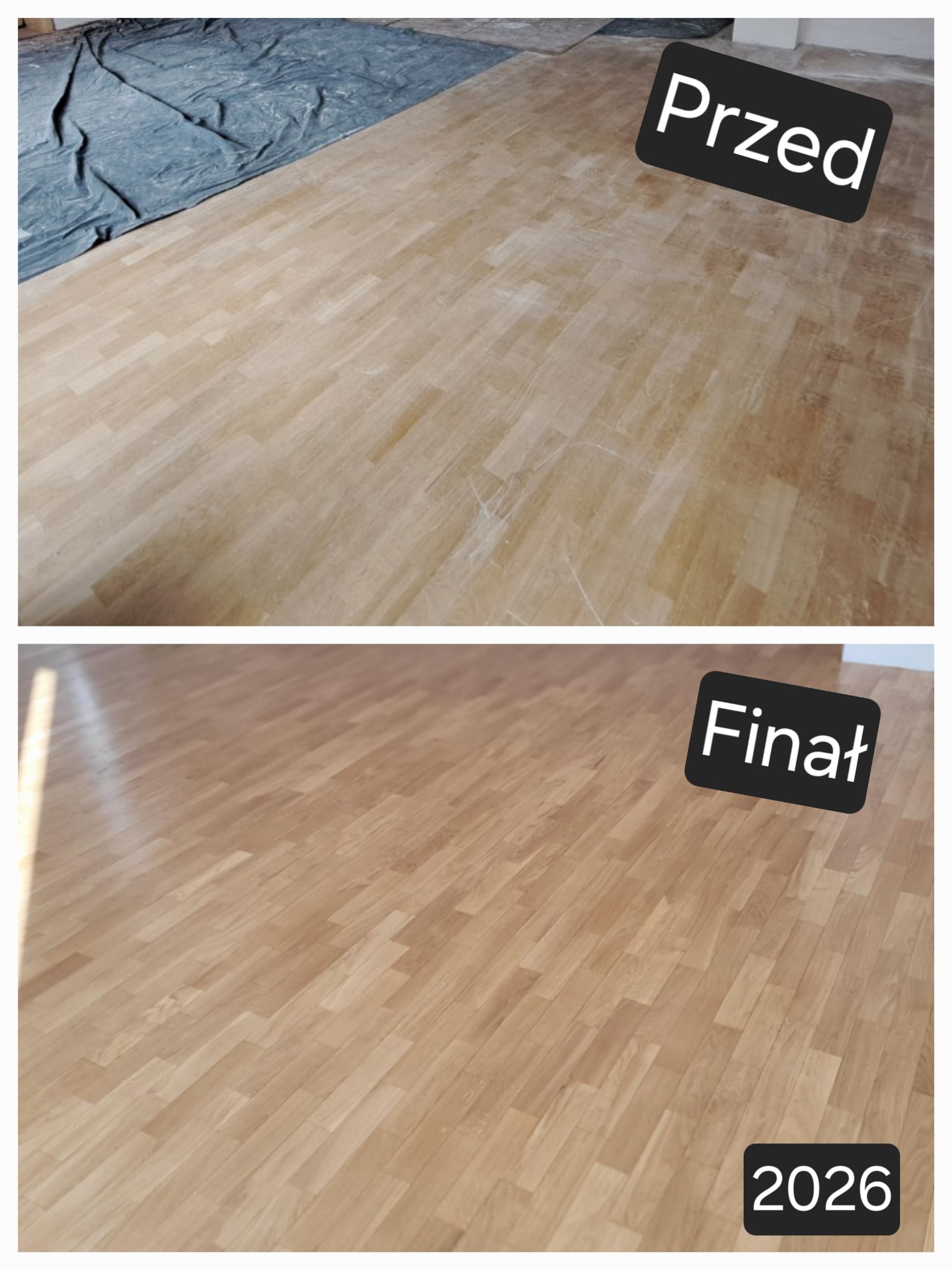 Parkiet w układzie jodełki przed i po renowacji. Górna część zdjęcia pokazuje podłogę przed, dolna po. Widoczna różnica w kolorze i połysku.