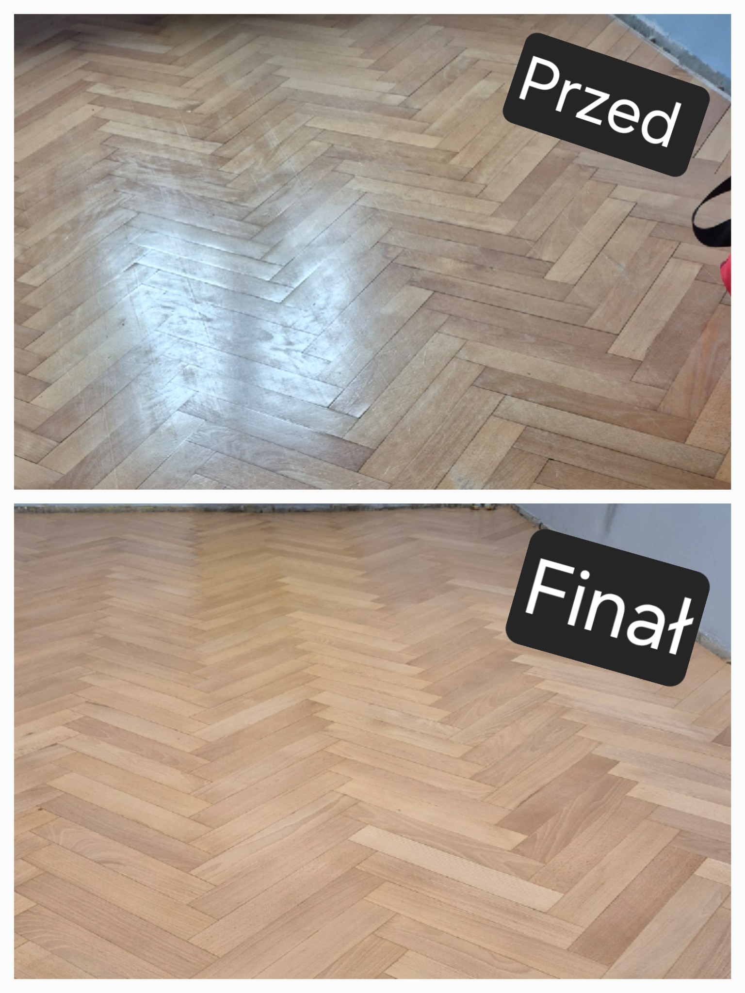 Parkiet ułożony w jodełkę, w dwóch odsłonach: 'Przed' - zniszczony i 'Finał' - odnowiony, jaśniejszy, ukazujący efekt renowacji podłogi.