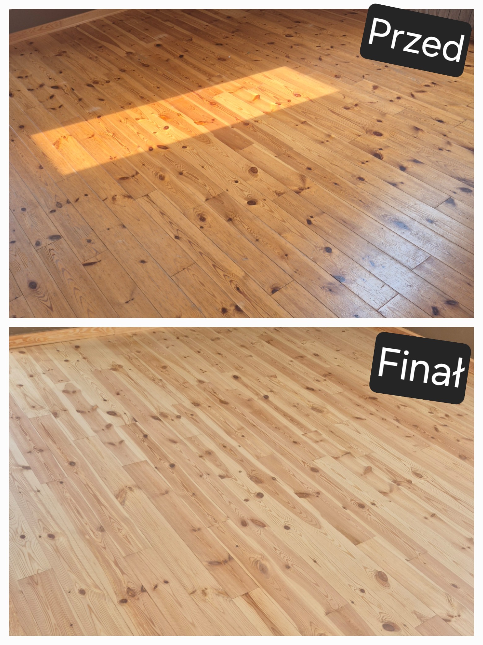 Parkiet sosnowy po cyklinowaniu: górna połowa zdjęcia pokazuje stan 'Przed' z plamami, dolna połowa 'Finał' - jasne, odnowione drewno.
