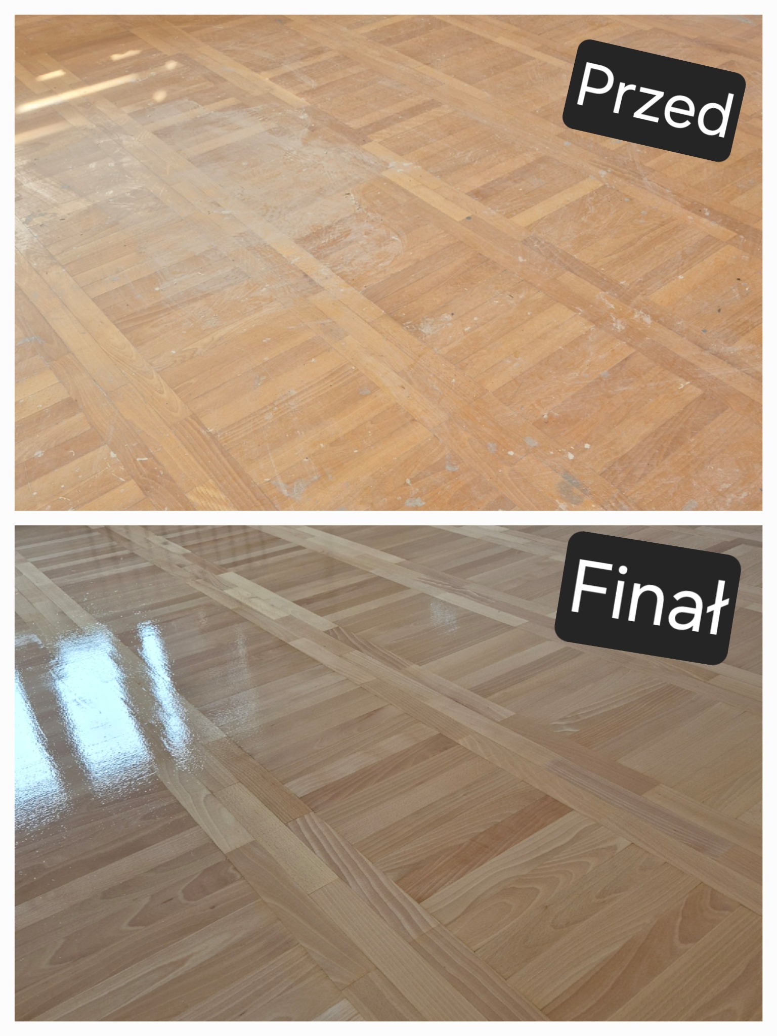 Parkiet ułożony w jodełkę francuską: górna część zdjęcia prezentuje stan przed renowacją, dolna – parkiet po lakierowaniu, z wyraźnym połyskiem.