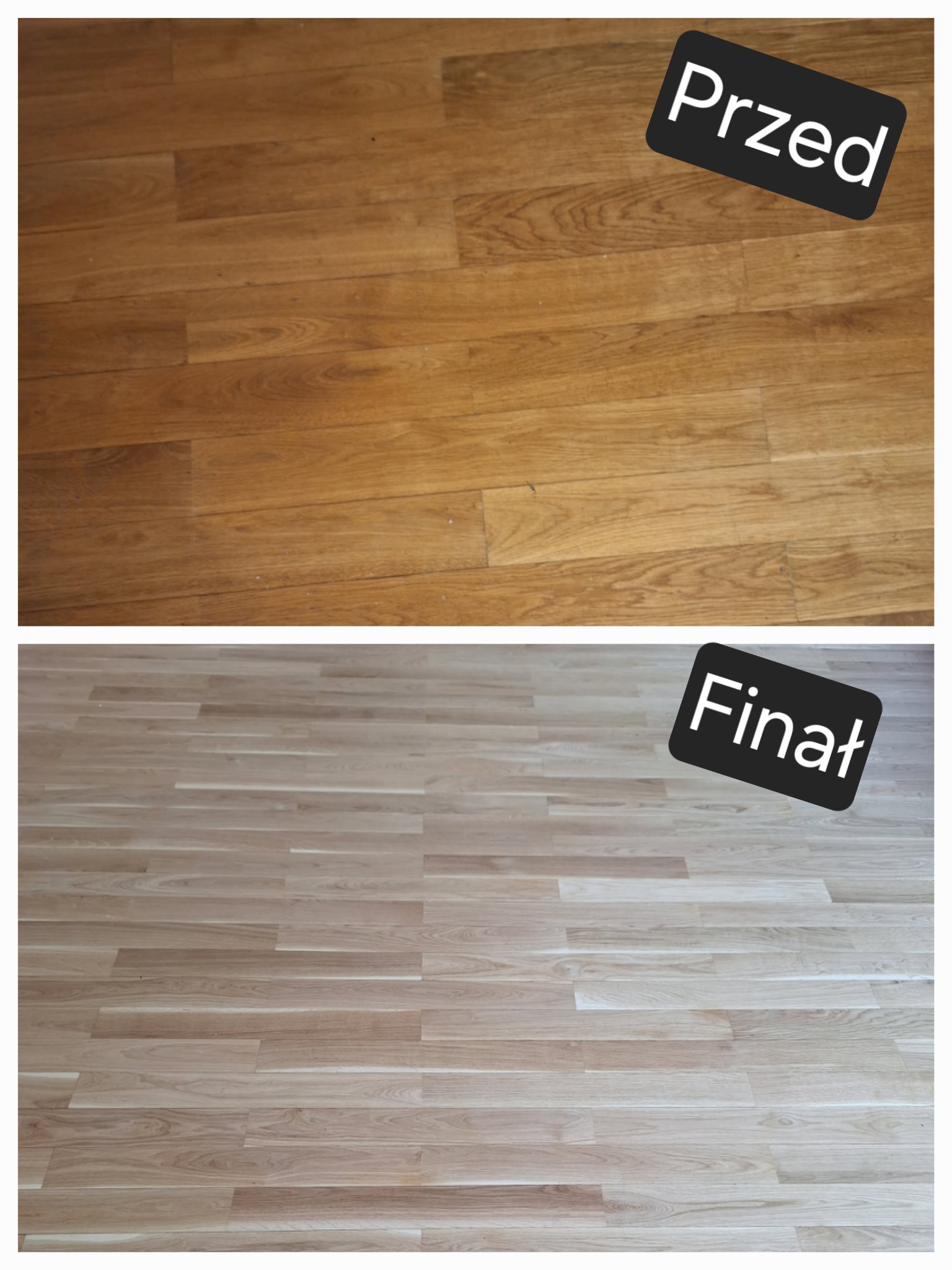 Parkiet drewniany: porównanie stanu przed renowacją (ciemny, zniszczony) i po (jasny, odnowiony). Widoczne różnice w kolorze i strukturze drewna. Efekt 'przed i po'.