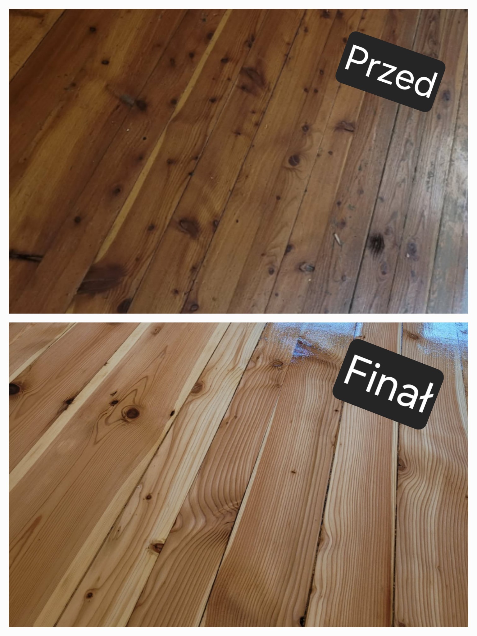 Zdjęcie 'przed i po' prezentujące odnowioną drewnianą podłogę. Górna część ukazuje starą, ciemną podłogę, a dolna - jasną, odświeżoną po renowacji.
