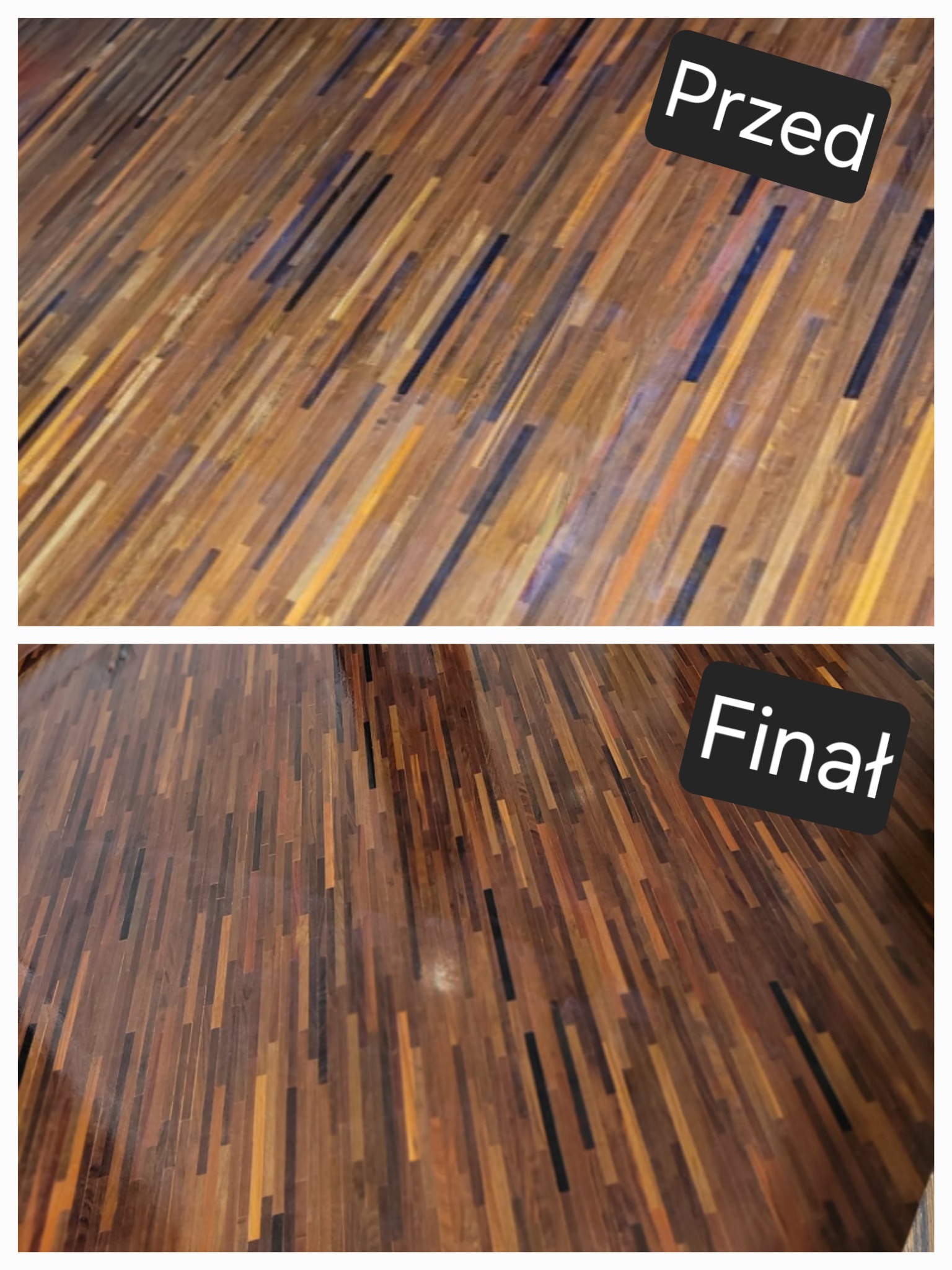 Parkiet mozaikowy: stan przed renowacją (góra) i po lakierowaniu (dół). Widoczne różnice w kolorze i połysku drewna. Ujęcie z góry, pod kątem.