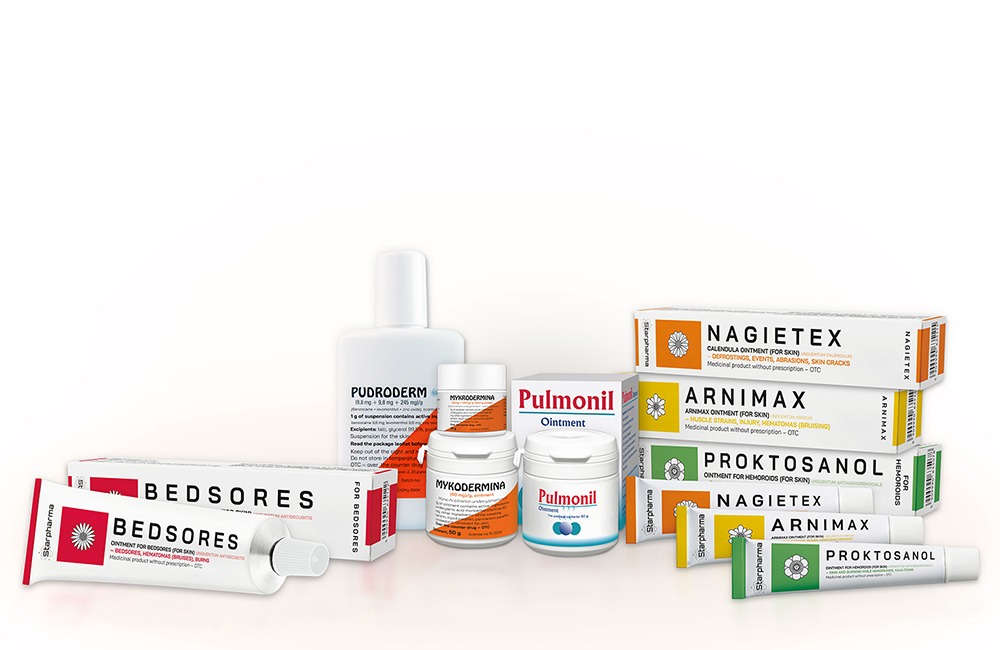 Packshoty różnorodnych maści i kremów leczniczych marki Starpharma na białym tle, prezentujące opakowania tubki, słoiczki i kartoniki z nazwami Bedsores, Pudroderm, Mykrodermina, Pulmonil, Nagietex...