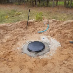 Betonowa studzienka z czarną pokrywą na piaszczystym terenie, widoczna łopata i niebieski przewód, w tle las.