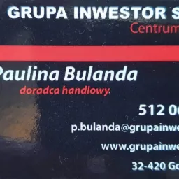 Wizytówka firmy Grupa Inwestor SP Z O.O. Centrum Budowlane, z danymi kontaktowymi doradcy handlowego Pauliny Bulandy, numerem telefonu, adresem e-mail, stroną internetową i adresem siedziby,...
