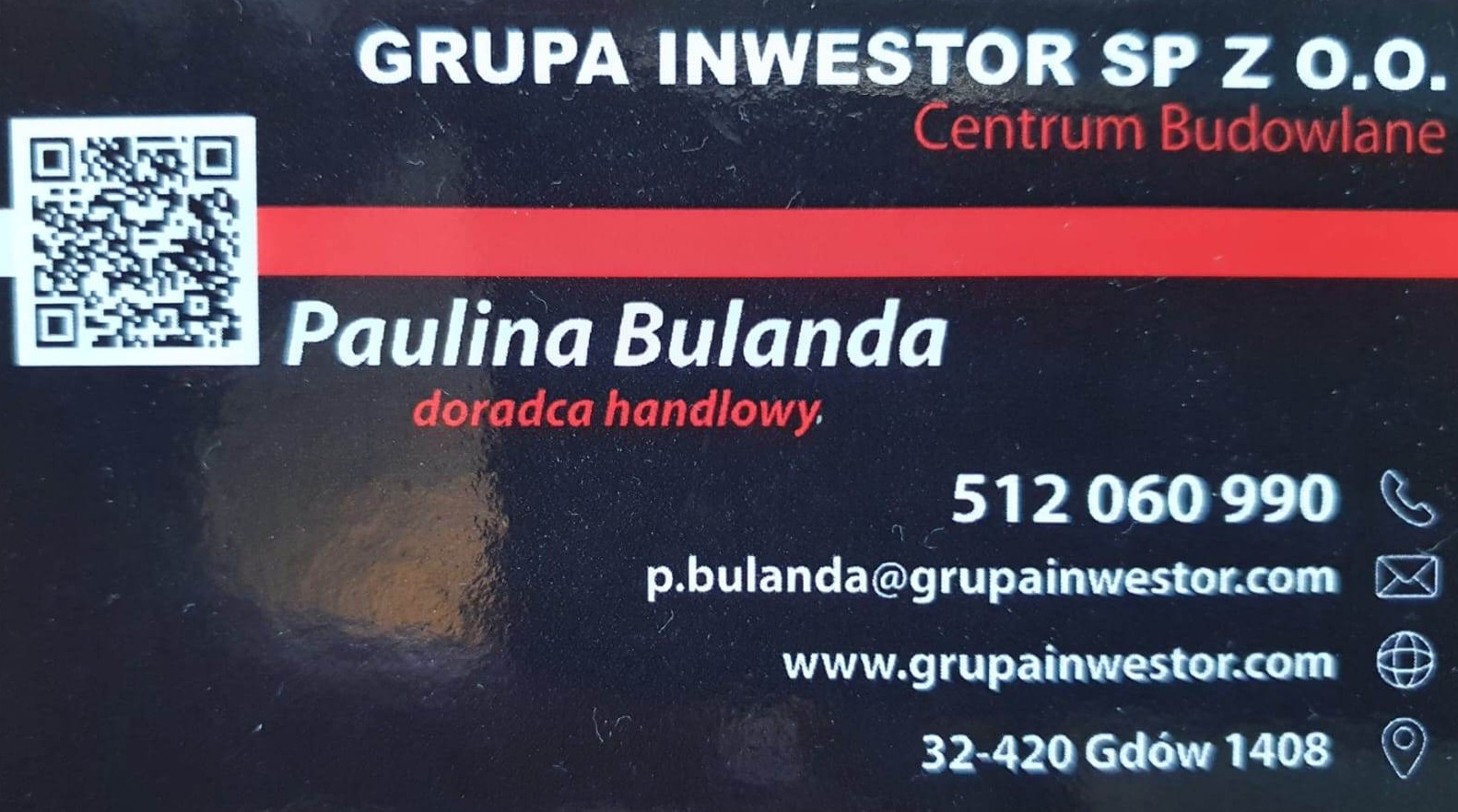 Wizytówka firmy Grupa Inwestor SP Z O.O. Centrum Budowlane, z danymi kontaktowymi doradcy handlowego Pauliny Bulandy, numerem telefonu, adresem e-mail, stroną internetową i adresem siedziby,...