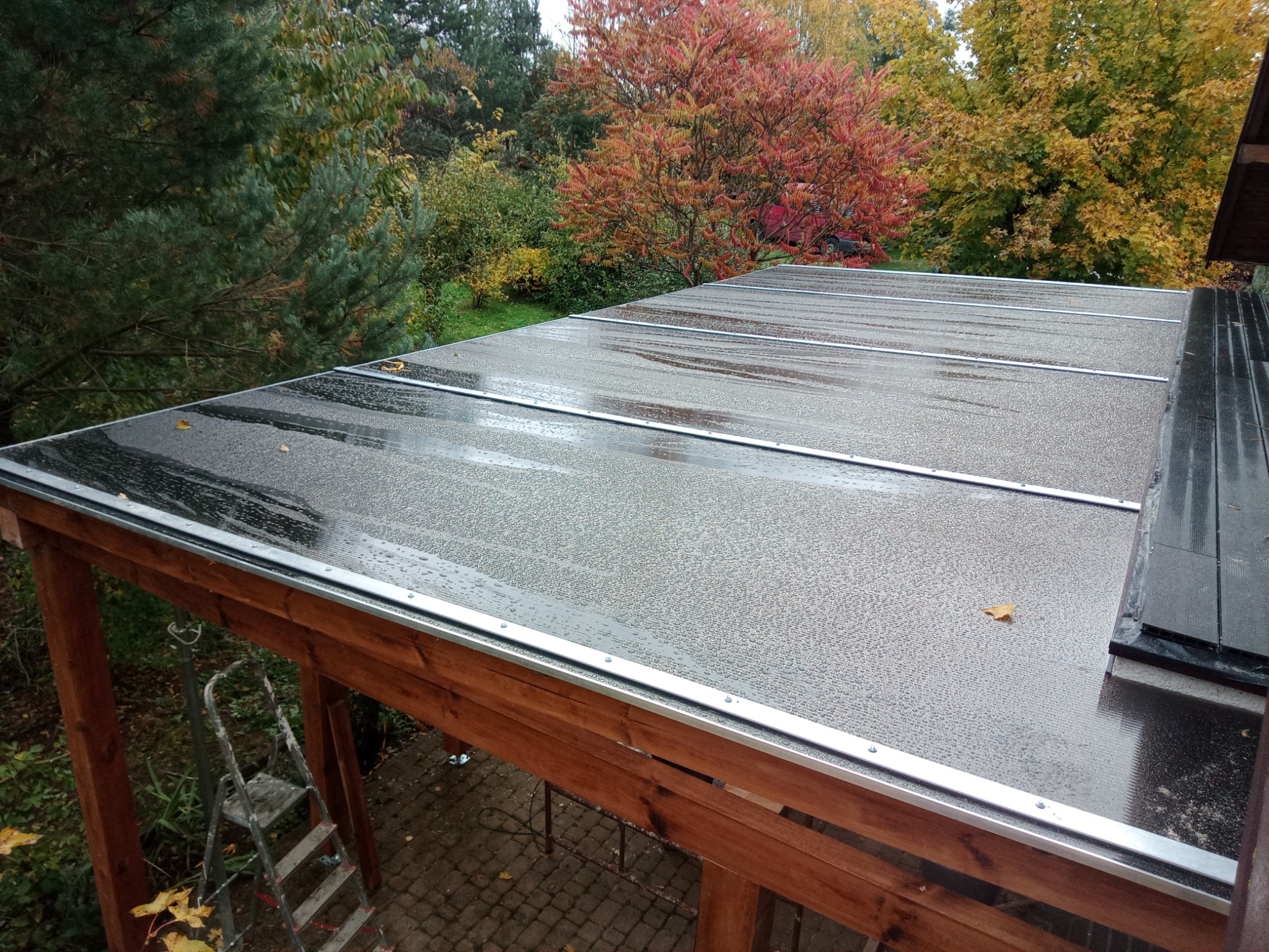 Przezroczysty, zadaszony taras z drewnianą konstrukcją, pokryty kroplami deszczu, z jesiennym ogrodem w tle.