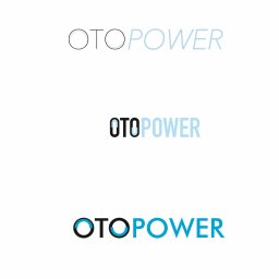 ELERTs DESIGN - Trzy wersje logo 'OTOPOWER' z różnym nasyceniem koloru niebieskiego, od bardzo jasnego na górze do ciemnego na dole, na białym tle.
