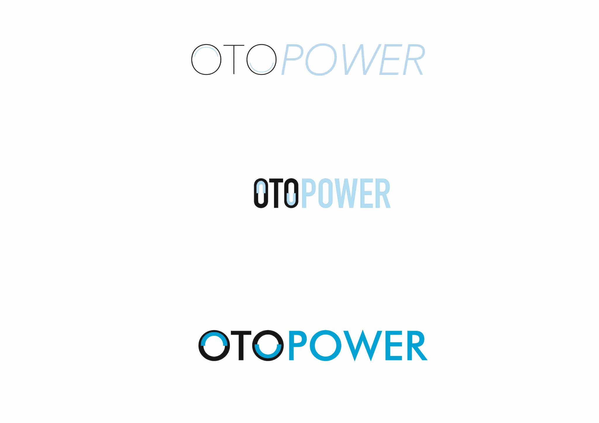 Trzy wersje logo 'OTOPOWER' z różnym nasyceniem koloru niebieskiego, od bardzo jasnego na górze do ciemnego na dole, na białym tle.