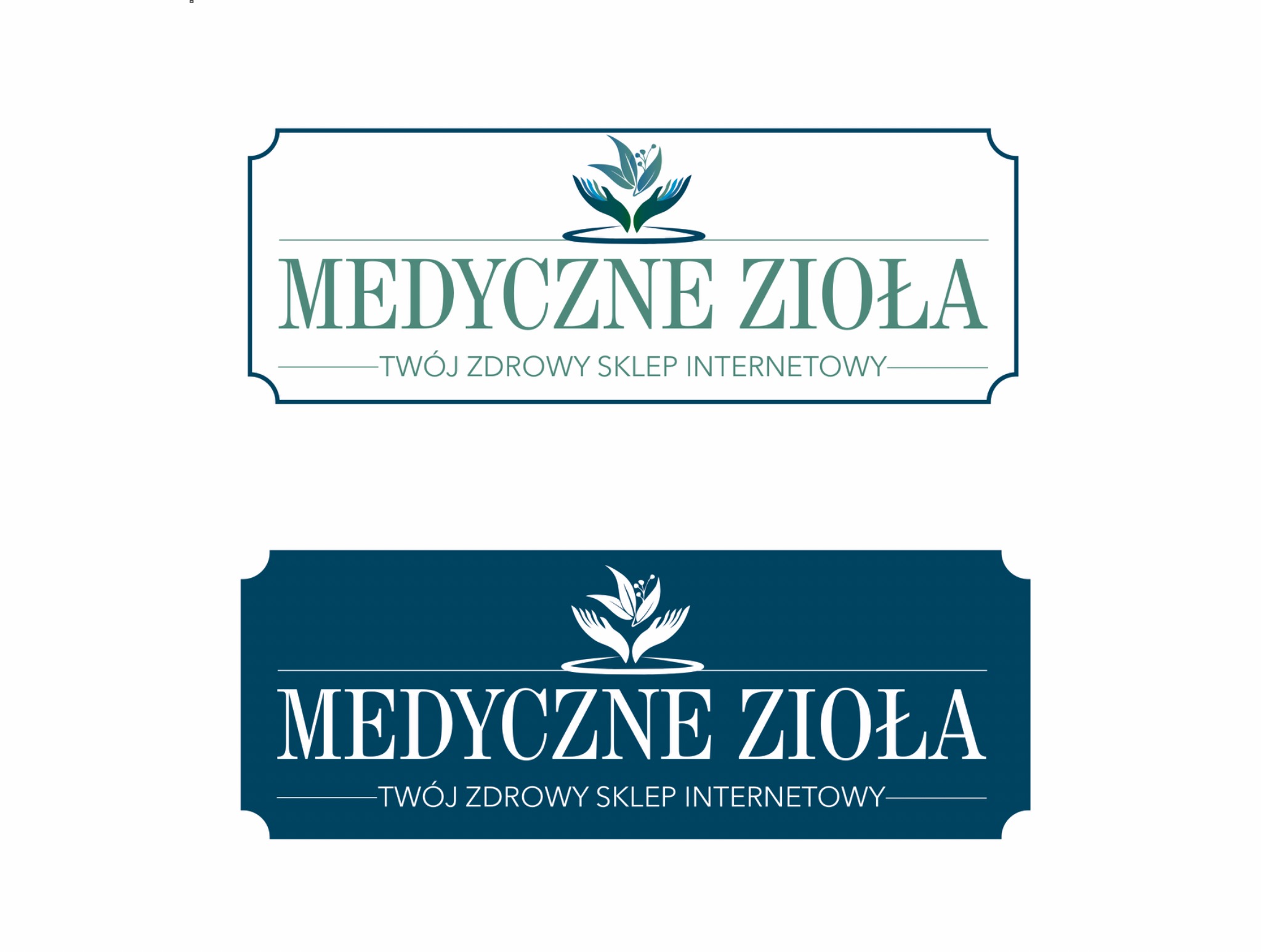 Dwa warianty logo dla sklepu internetowego 'Medyczne Zioła', z motywem roślinnym w formie dłoni trzymających liście, jeden w odcieniach zieleni na białym tle, drugi w błękicie na ciemnoniebieskim tle.