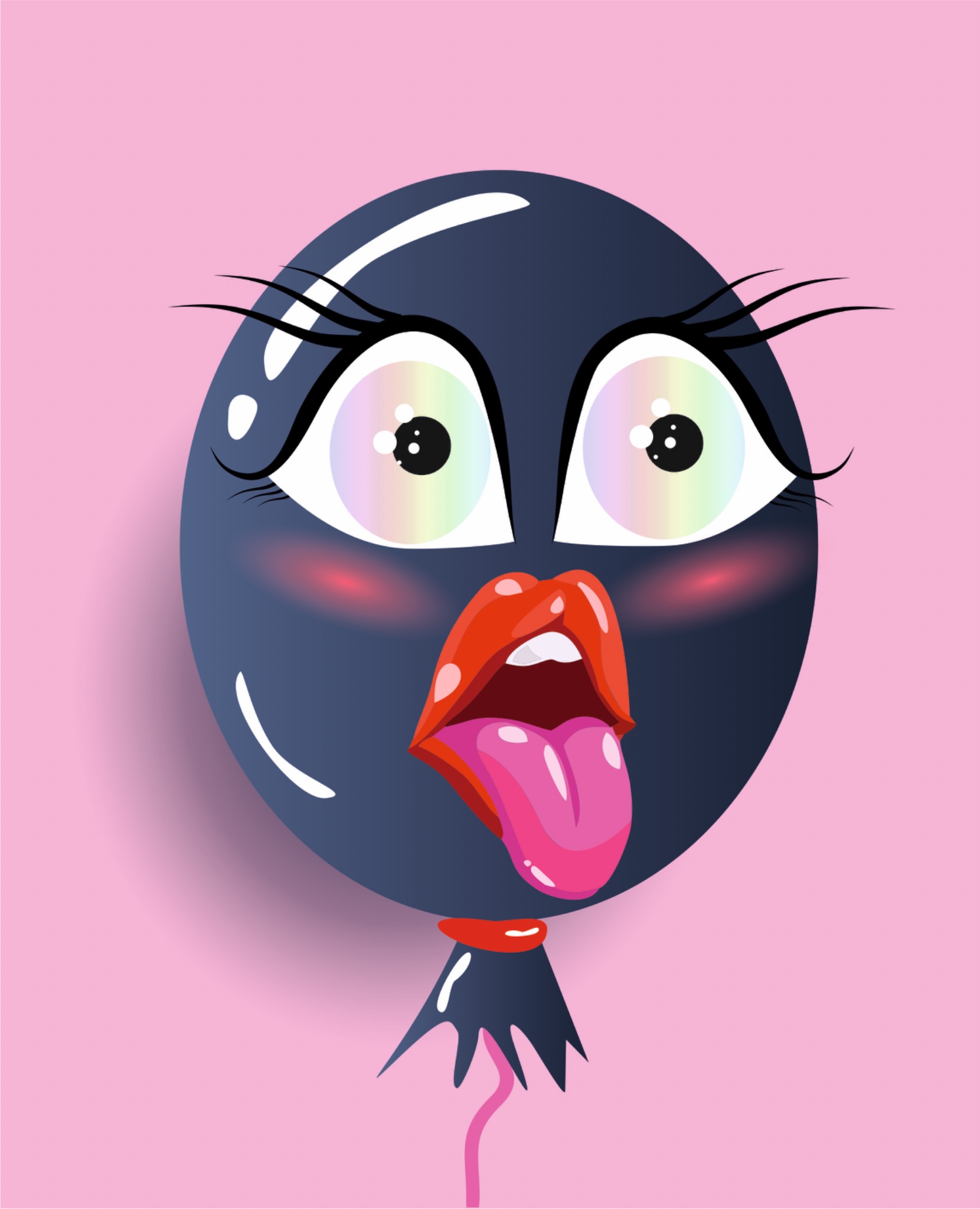 Kreskówkowa ilustracja głowy w kształcie balonu z wyrazistymi oczami, czerwonymi ustami i wystającym językiem na różowym tle, stworzona przez grafika z Zgorzelca.