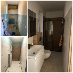 Cytrynova sp. z o.o. - Kolaż przedstawia metamorfozę łazienki: stan przed remontem z resztkami farby na ścianach i wiadrem, etap kładzenia płytek z poziomowaniem, oraz wykończona łazienka z kabiną prysznicową, umywalką...