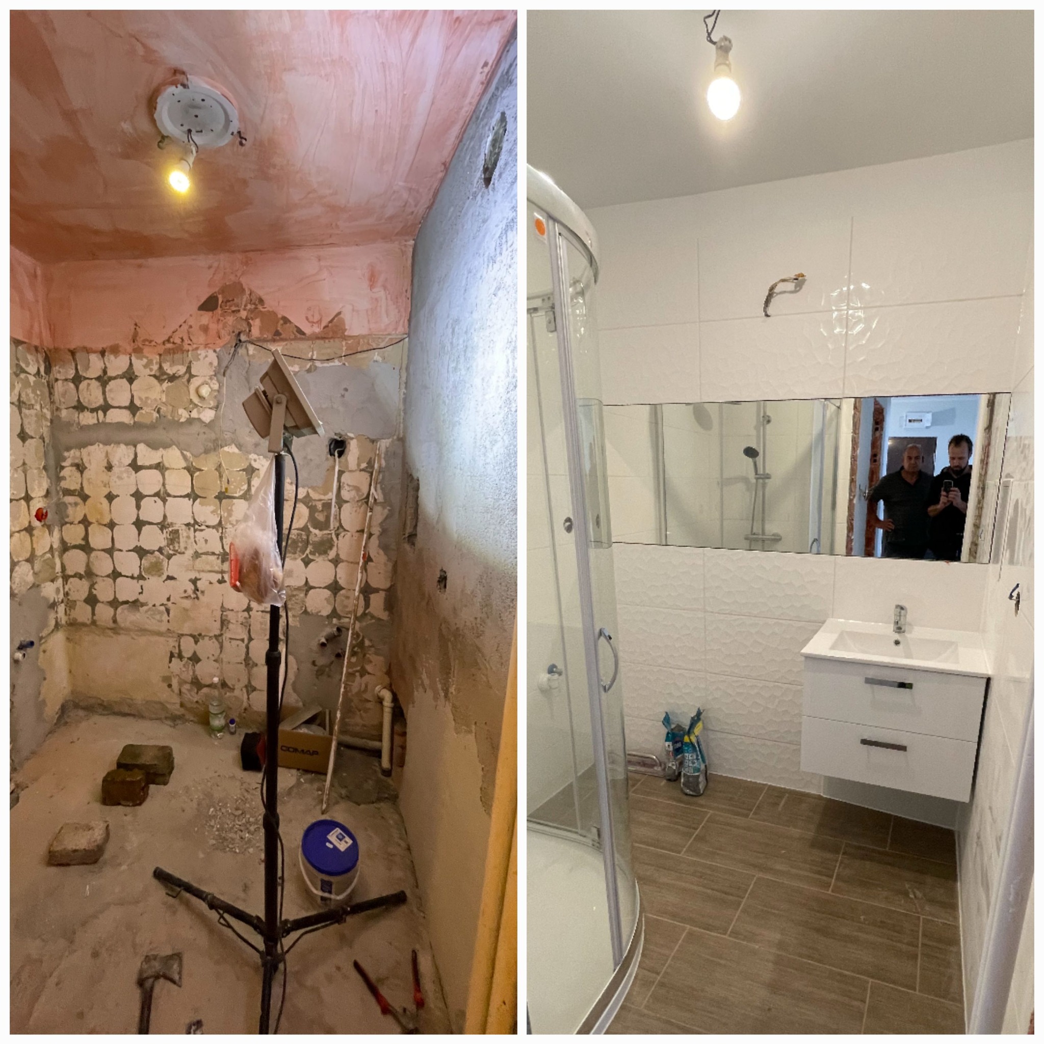 Porównanie stanu łazienki przed i po: surowe ściany z resztkami płytek kontra nowoczesna kabina prysznicowa, białe płytki z fakturą, drewnopodobne płytki na podłodze, szafka z umywalką, lustro...