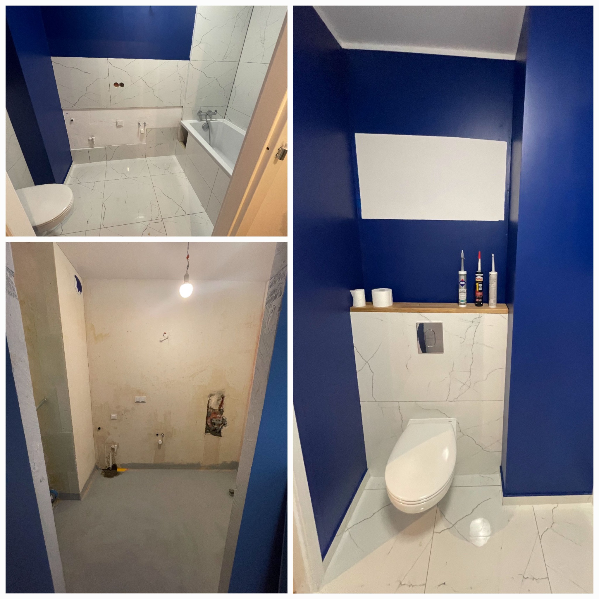 Porównanie stanu surowego i wykończonego remontu łazienki: od gołych ścian z instalacjami po białe płytki imitujące marmur, toaleta wisząca i granatowe ściany z półką na akcesoria.