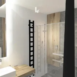 Wizualizacja nowoczesnej łazienki z drewnianymi i kamiennymi akcentami, kabiną prysznicową ze szklaną ścianą, czarnym grzejnikiem drabinkowym i wiszącymi lampami tubowymi.