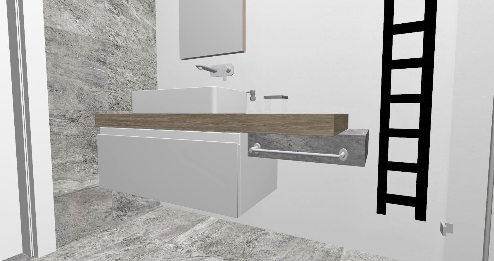 Wizualizacja łazienki z umywalką nablatową, drewnianym blatem, szarą ścianą z imitacją kamienia i drabinkowym grzejnikiem.