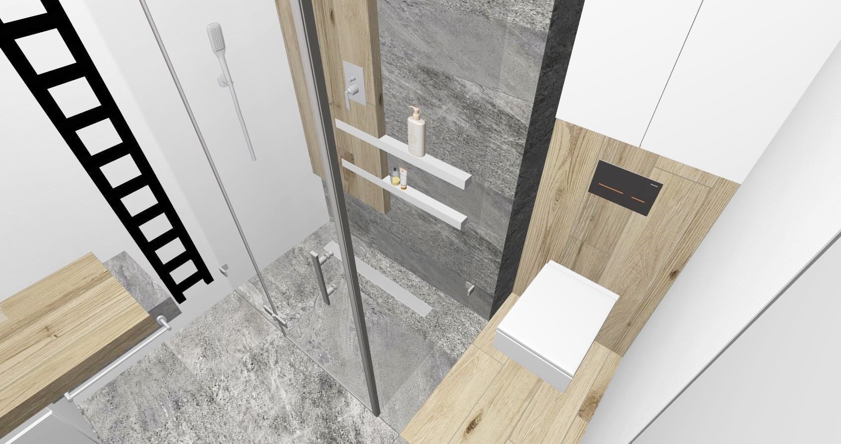 Wizualizacja łazienki z kabiną prysznicową typu walk-in, drewnopodobnymi panelami na ścianie, szarą płytką imitującą kamień, białymi półkami na kosmetyki i czarną dekoracją na ścianie...