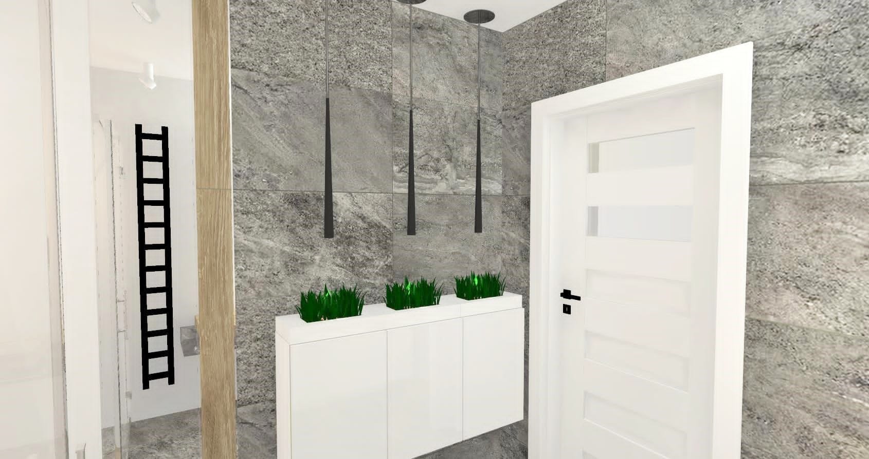 Wizualizacja łazienki z szarą, kamienną ścianą, białymi szafkami z zielonymi roślinami na blacie, trzema wiszącymi lampami o stożkowym kształcie i białymi drzwiami z poziomymi przeszkleniami.