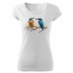 Biała damska koszulka z nadrukiem dwóch zimorodków siedzących na gałęzi, widoczne detale upierzenia ptaków.