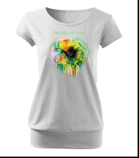 Biała damska koszulka z kolorowym, abstrakcyjnym nadrukiem kwiatu i napisem 'Flower of Love' na piersi.