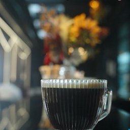 Spotlight Films Jakub Kiełtucki - Kawa w szklanej filiżance z prążkami, odbijająca się w błyszczącej powierzchni stołu. W tle rozmyte dekoracje kwiatowe i światła.