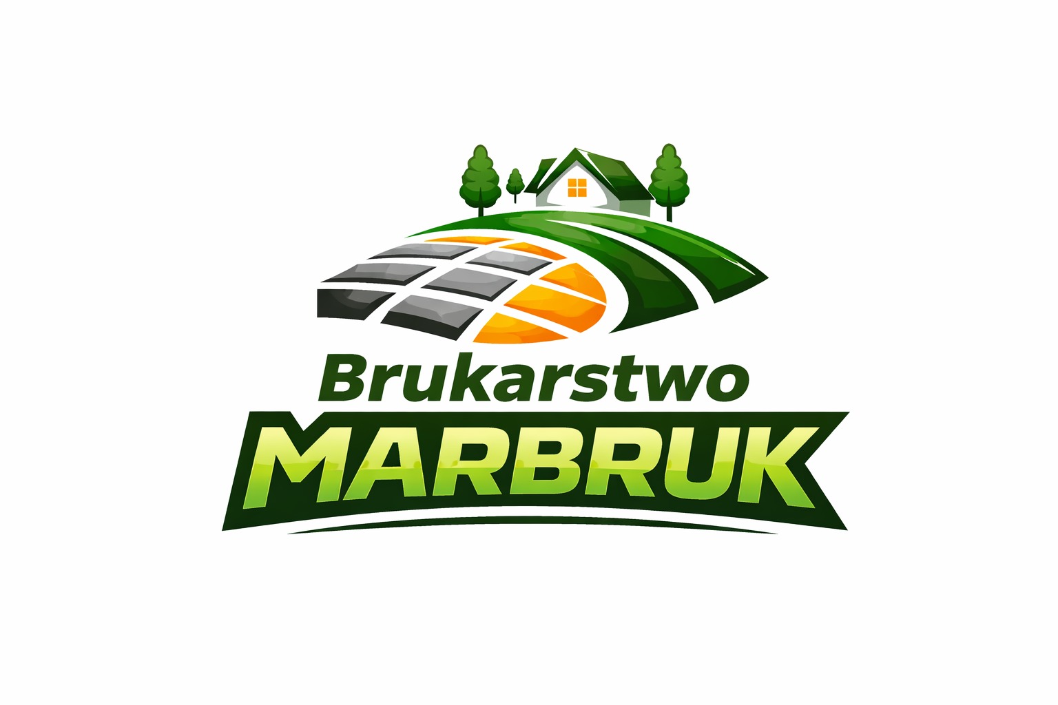 Logo firmy brukarskiej MARBRUK z motywem kostki brukowej, domu i drzew na wzgórzu w kolorach szaro-pomarańczowo-zielonym, na białym tle.
