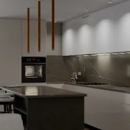 Wizualizacja nowoczesnej kuchni z wyspą, fronty szafek w kolorze białym i beżowym, marmurowy backsplash, oświetlenie punktowe i wiszące lampy tubowe.