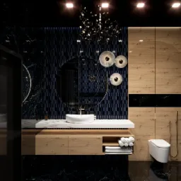 Elegancka łazienka z ciemnymi marmurowymi ścianami, drewnianymi szafkami i okrągłym lustrem z dekoracyjnym oświetleniem, uzupełniona o minimalistyczną toaletę i ręczniki.