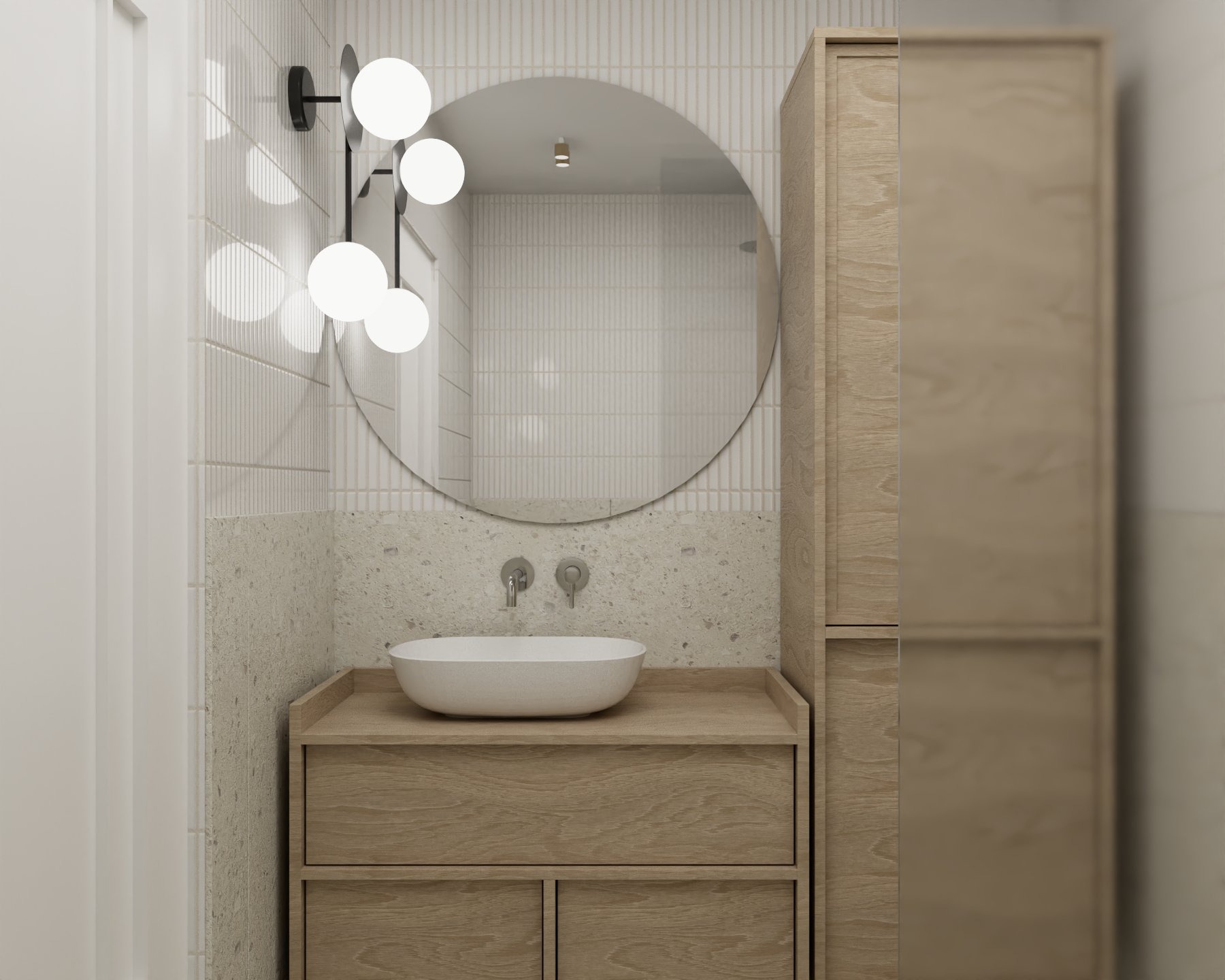 Nowoczesna łazienka z umywalką nablatową, okrągłym lustrem i drewnianą szafką pod umywalką oraz wysoką szafą, oświetlona lampą z kulistymi kloszami.