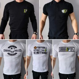 Zestaw ubrań dla Klubu Sportowego "Siarka" Tarnobrzeg, składający się z bluzy i koszulek POLO z haftem na piersi oraz 3 wzorów koszulek wykonanych metodą sublimacji.